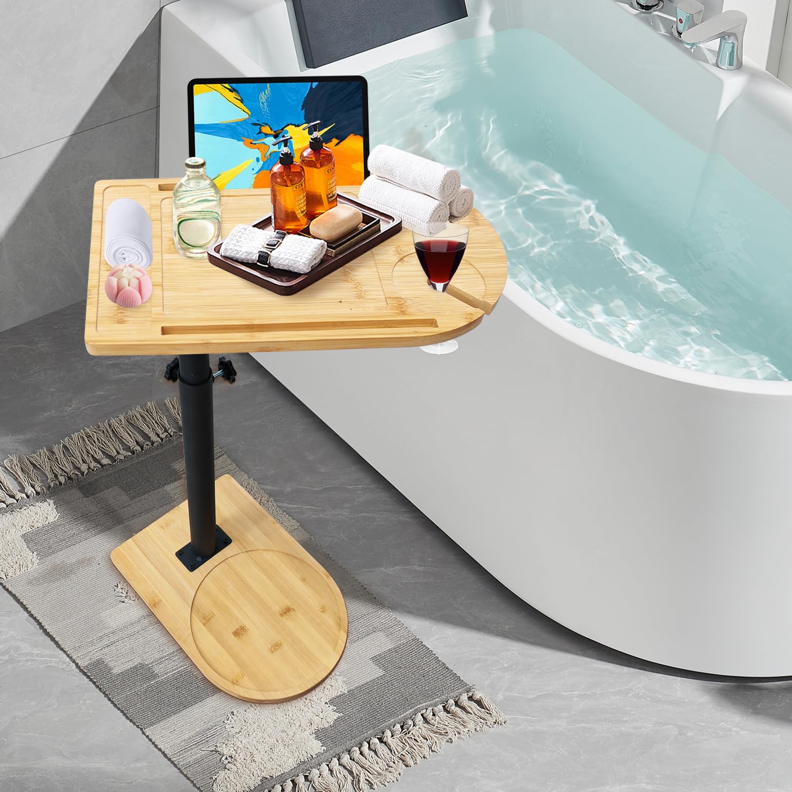 Adjustable C-Shaped Bathtub Side Table with 360° Swivel & Height Adjustment - Multifunctional End Table for Couch, Bed, or Chair - Includes Phone & Tablet Slots - Perfect for Relaxing in Bath, Watching TV, or Working from Home