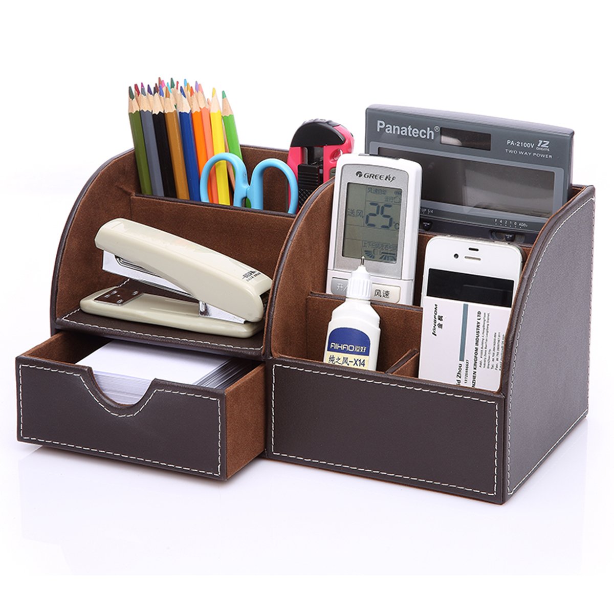 KINGFOM 8-Piece PU Leather Desk Organizer Set - Magazine File Holder, Stackable Paper Tray with Drawer for Home, Office & School (Brown) - Perfect for Organizing Documents, Stationery & Office Supplies