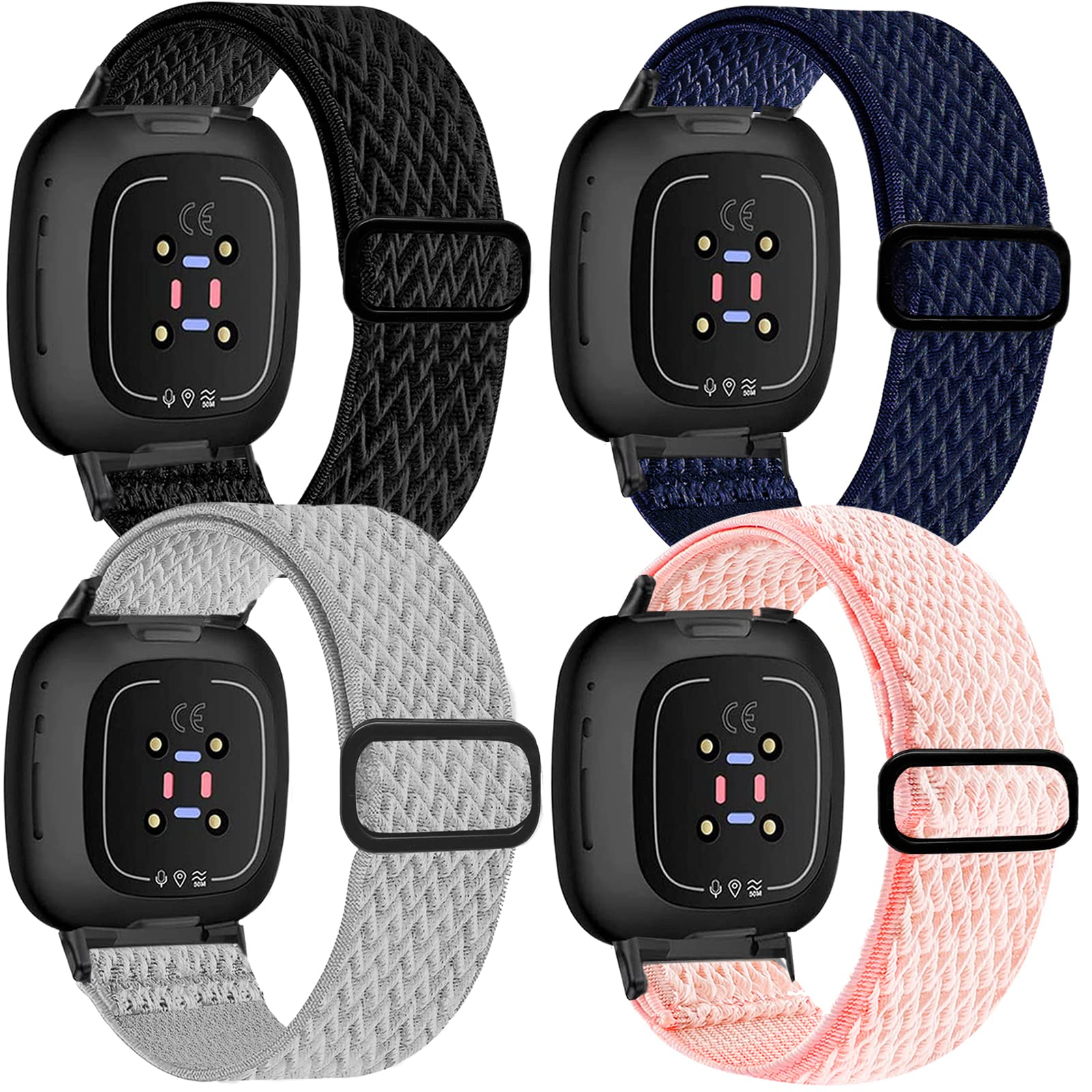 [4 Pack] Stretchy Replacement Bands Compatible with Fitbit Versa 3/4 & Sense/Sense 2 - Soft Comfortable Sport Wristbands for Women & Men - Perfect for Workouts, Running & Daily Wear