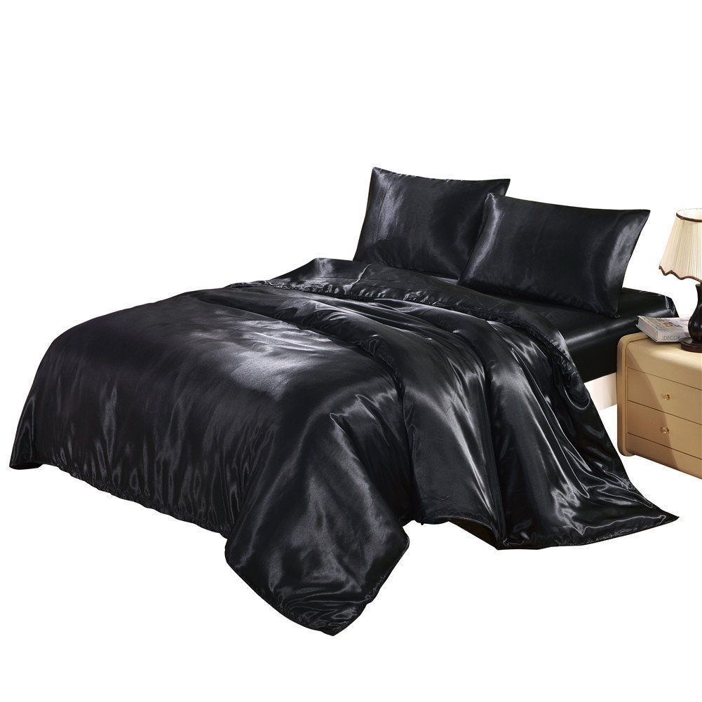 Angel's Bedding Ultra Soft Luxurious Silk-Like Satin 5-Piece Comforter Set (Comforter, Flat Sheet, Fitted Sheet & 2 Pillowcases) - Durable & Comfortable California King Size Bedding in Black - Perfect for Master Bedrooms, Guest Rooms & Luxury Hotels