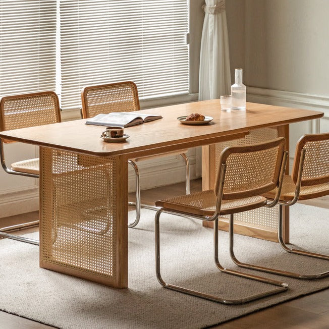 Solid Oak Wood Rattan Dining Table - Rustic Farmhouse Style for Indoor and Outdoor Use