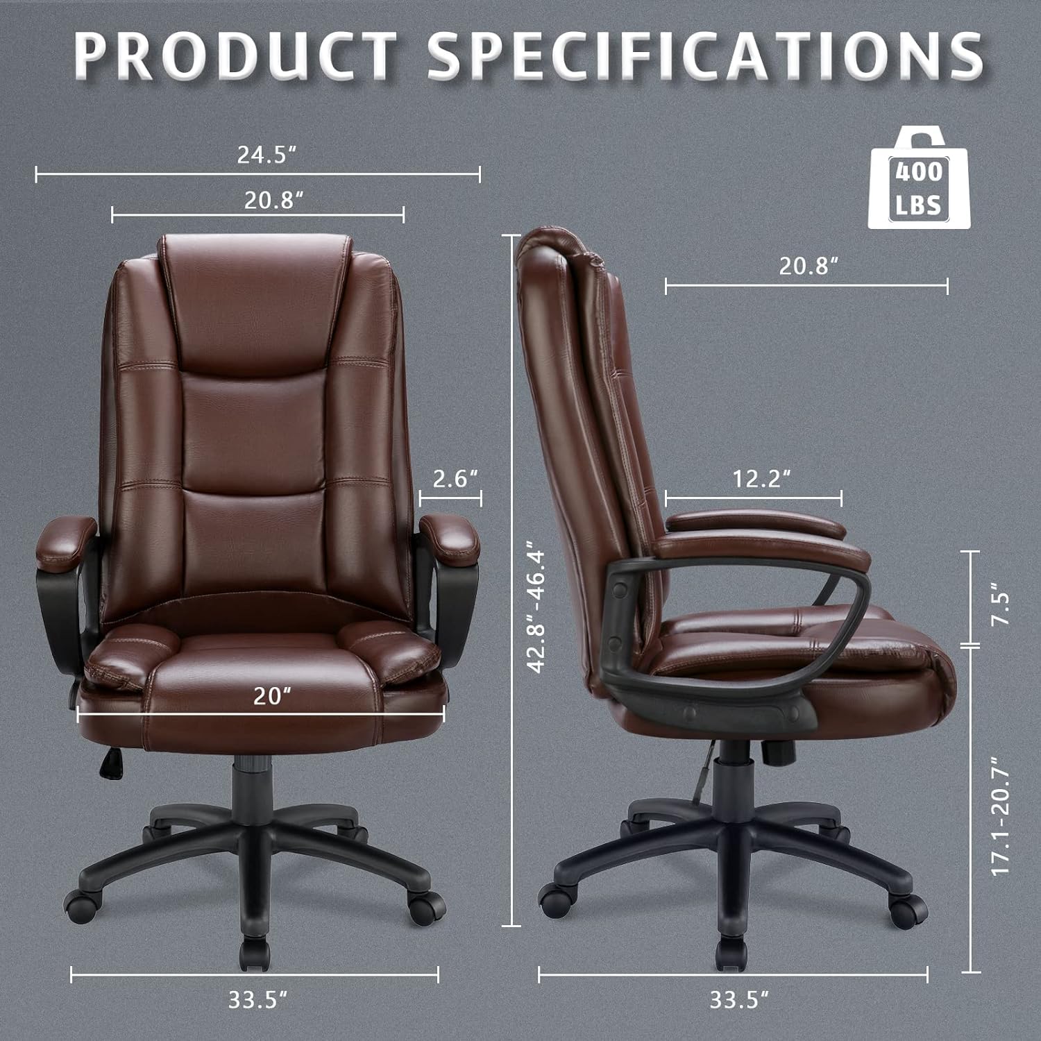 Lemberi Ergonomic Office Chair - High Back Executive Desk Chair with Adjustable Height, PU Leather & Cushion Support for Big and Tall Users - Perfect for Home Office, Gaming & Long Work Sessions (Brown)