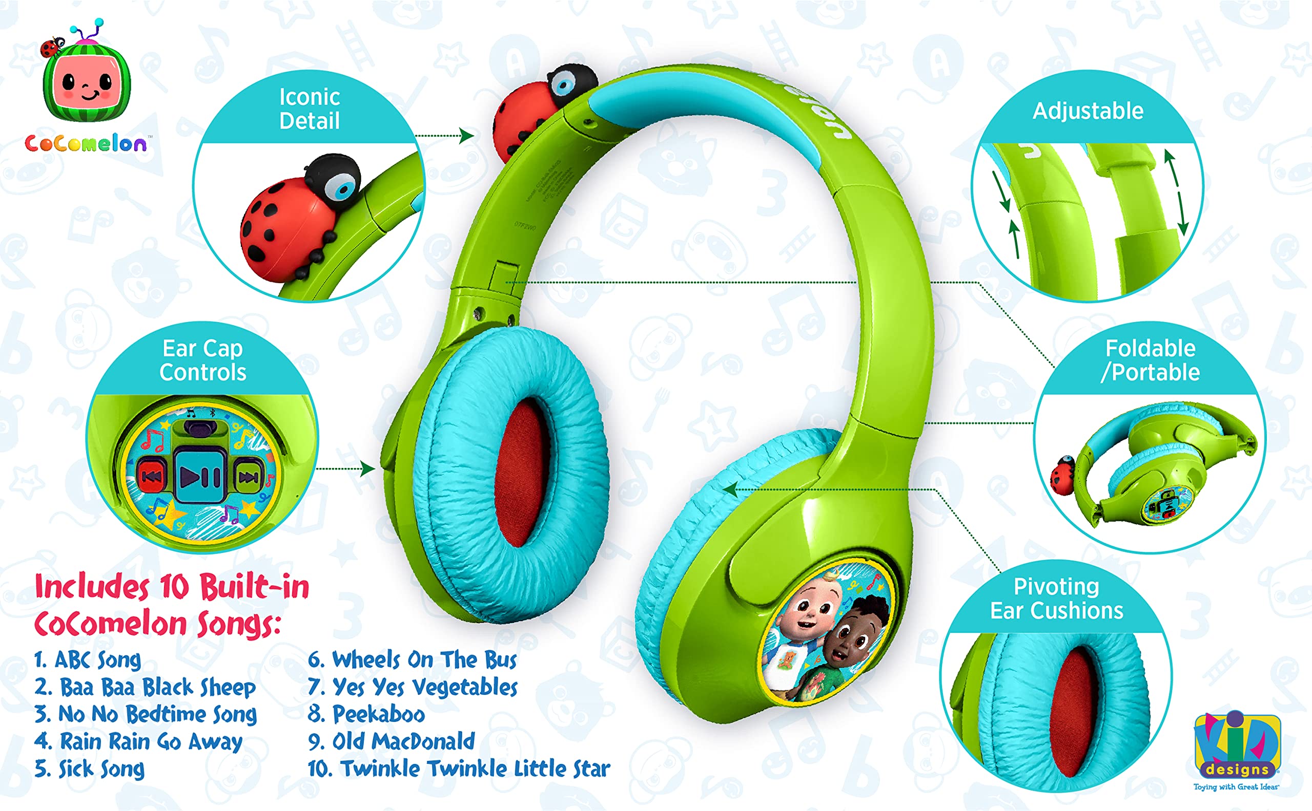 **eKids Cocomelon Toddler Headphones with Built-in Kids Music - Bluetooth Wireless Headphones for Kids, Rechargeable Battery & USB-C Cable - Perfect for Travel, Learning & Screen Time**