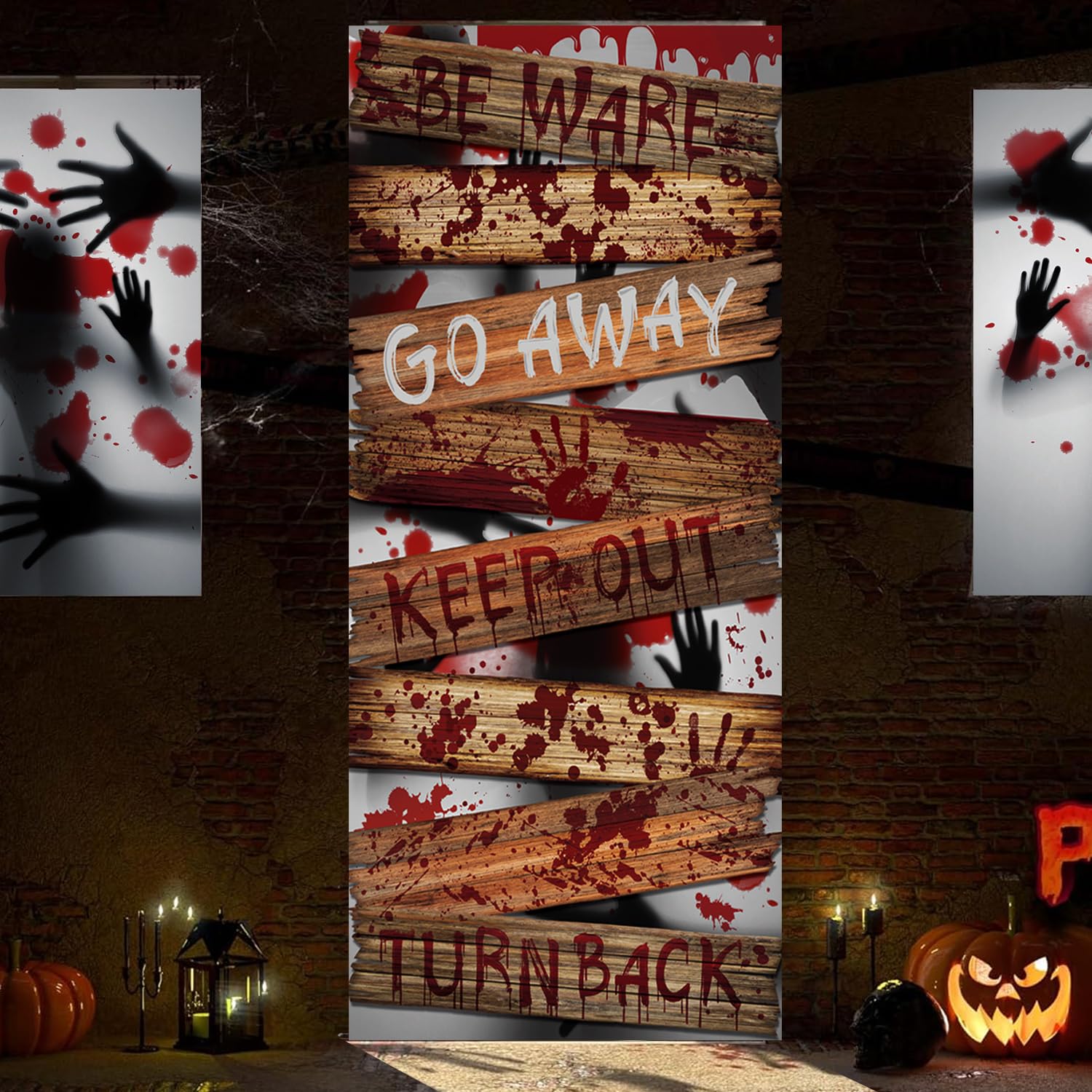 Scary Halloween Door Cover with Bloody Handprint & Shadowy Figure - Spooky Halloween Decorations for Front Door, Haunted House, and Party Decor - Perfect for Indoor & Outdoor Halloween Decor