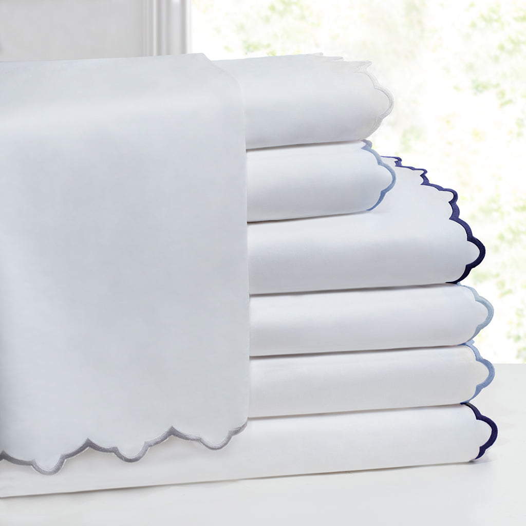 Cornflower Blue Scalloped Embroidered Flat Sheet - 100% Cotton Queen Size Bedding - Perfect for Guest Rooms, Master Bedrooms & Coastal Decor
