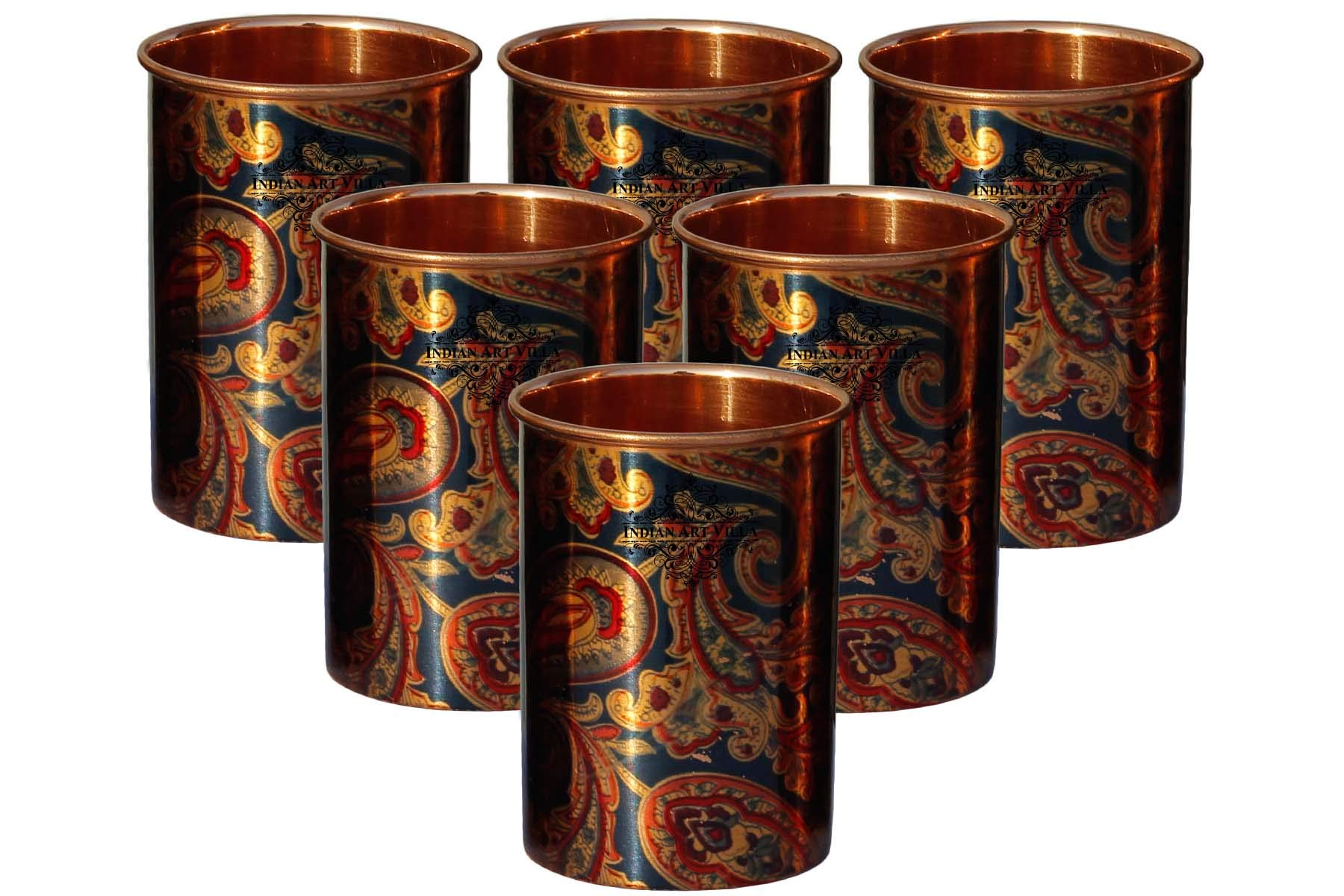 Premium Indian Art Villa Blue Printed Pure Copper Water Jug & Glass Set - 50 Oz Jug & 10 Oz Glasses (7-Piece) for Home Decor, Traditional Serving & Gift Giving