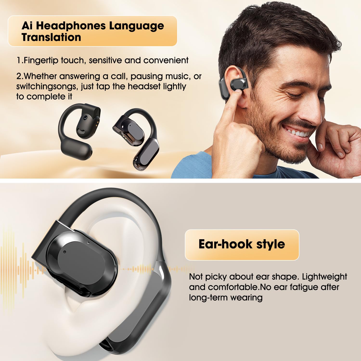 2025 AI Real-Time Language Translator Earbuds - Open Ear Wireless Bluetooth Earbuds with 144 Language Translation for iOS & Android (Black) | Perfect for Travel, Business Meetings & Multilingual Conversations