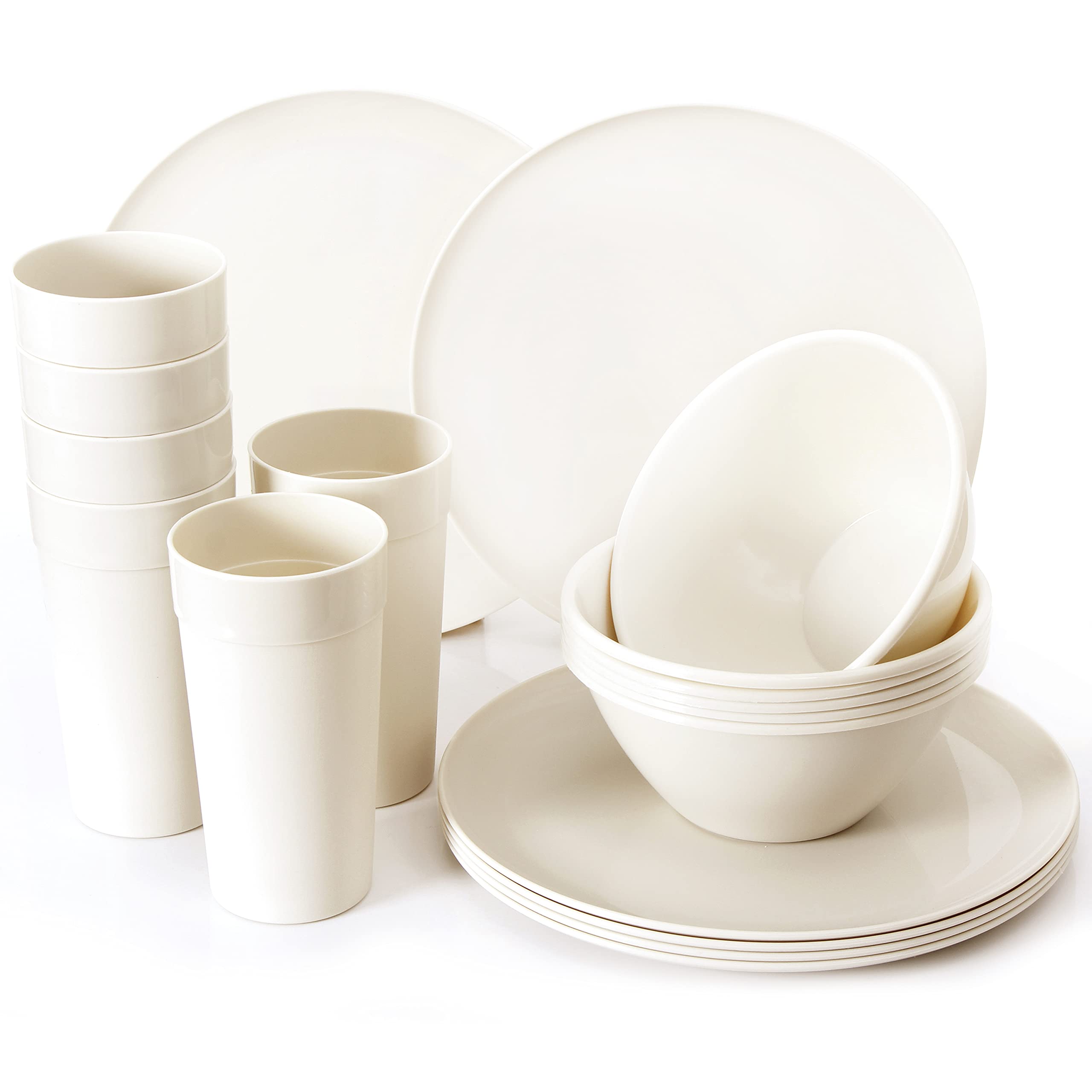 Youngever 18-Piece Plastic Dinnerware Set - 6 Plates, 6 Bowls, 6 Cups - Durable & BPA-Free Kitchenware for Everyday Use - Perfect for Family Dining, Picnics, Camping & Outdoor Parties (Cream)