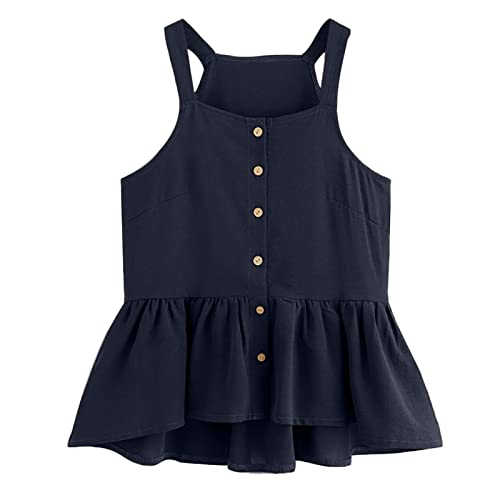 Women's Casual Sleeveless Pleated Ruffle Hem Blouse - Solid Color Button Tank Top with Banded Neckline (Navy, Large) | Perfect for Summer Outfits, Beach Wear & Office Casual Looks