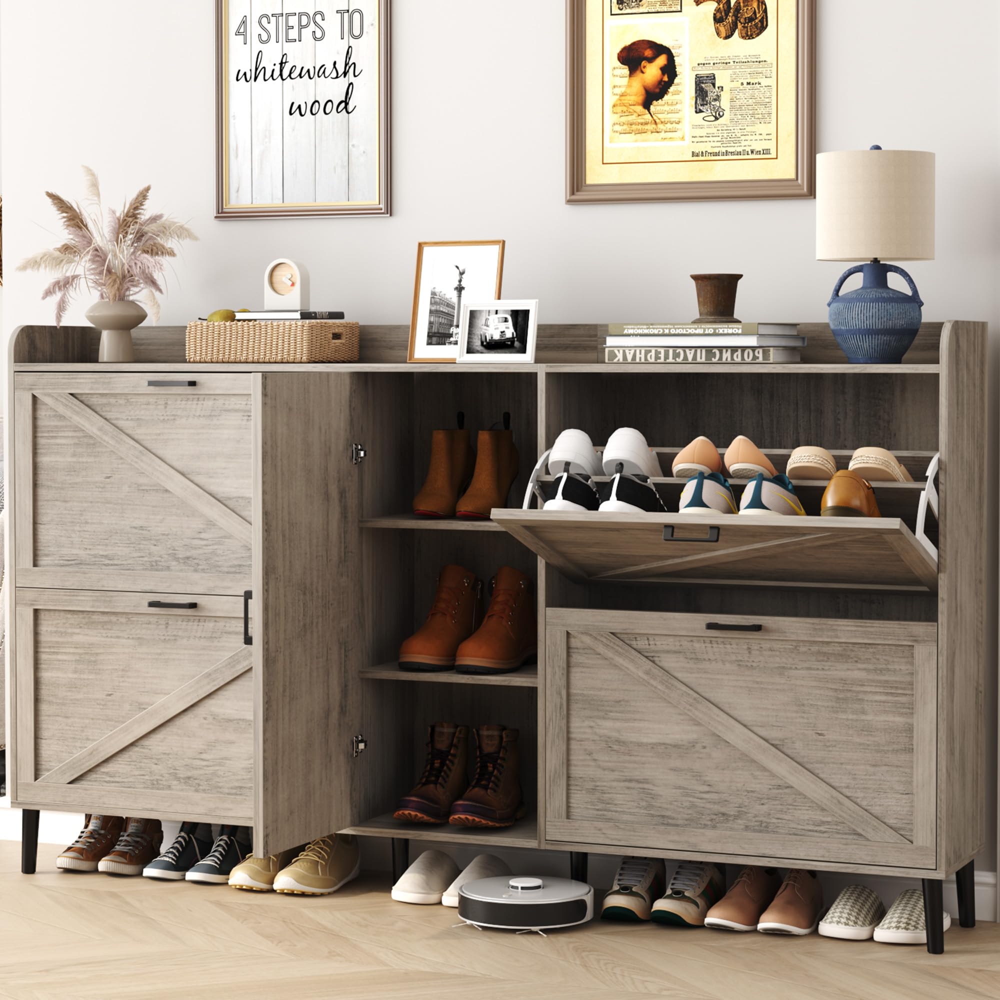 HOMEFORT Large Shoe Cabinet with 4 Flip Drawers - Farmhouse Narrow Entryway Shoe Organizer | Adjustable Side Cabinet for Boot Storage | 6 Wood Legs in Washed Gray | Perfect for Small Spaces, Hallways & Mudrooms