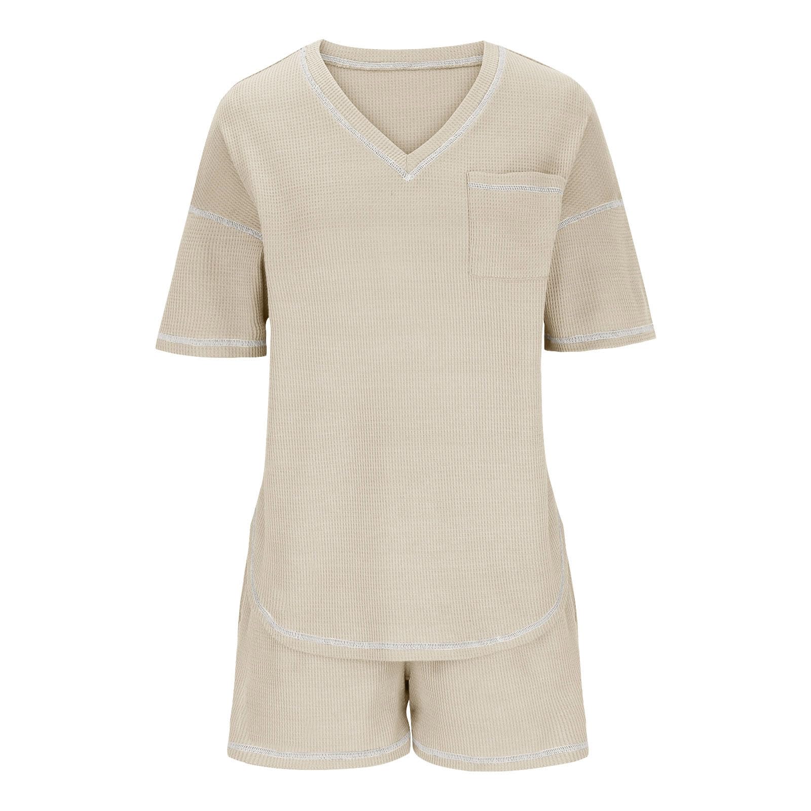 Women's 2-Piece Knit Waffle Lounge Set - Comfy Short Sleeve Top & Pocket Shorts | Summer Sleepwear, Casual Outfits & Home Wear 2024 Collection