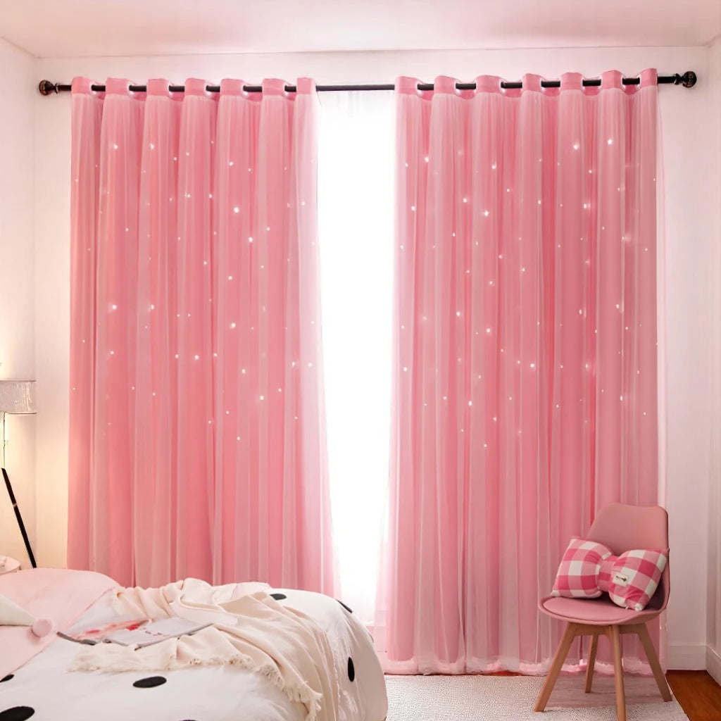 Premium Iliana Two-Layer Hollow Star Blackout Curtains for Bedroom & Nursery - Custom Room Darkening Window Treatments for Better Sleep & Light Control