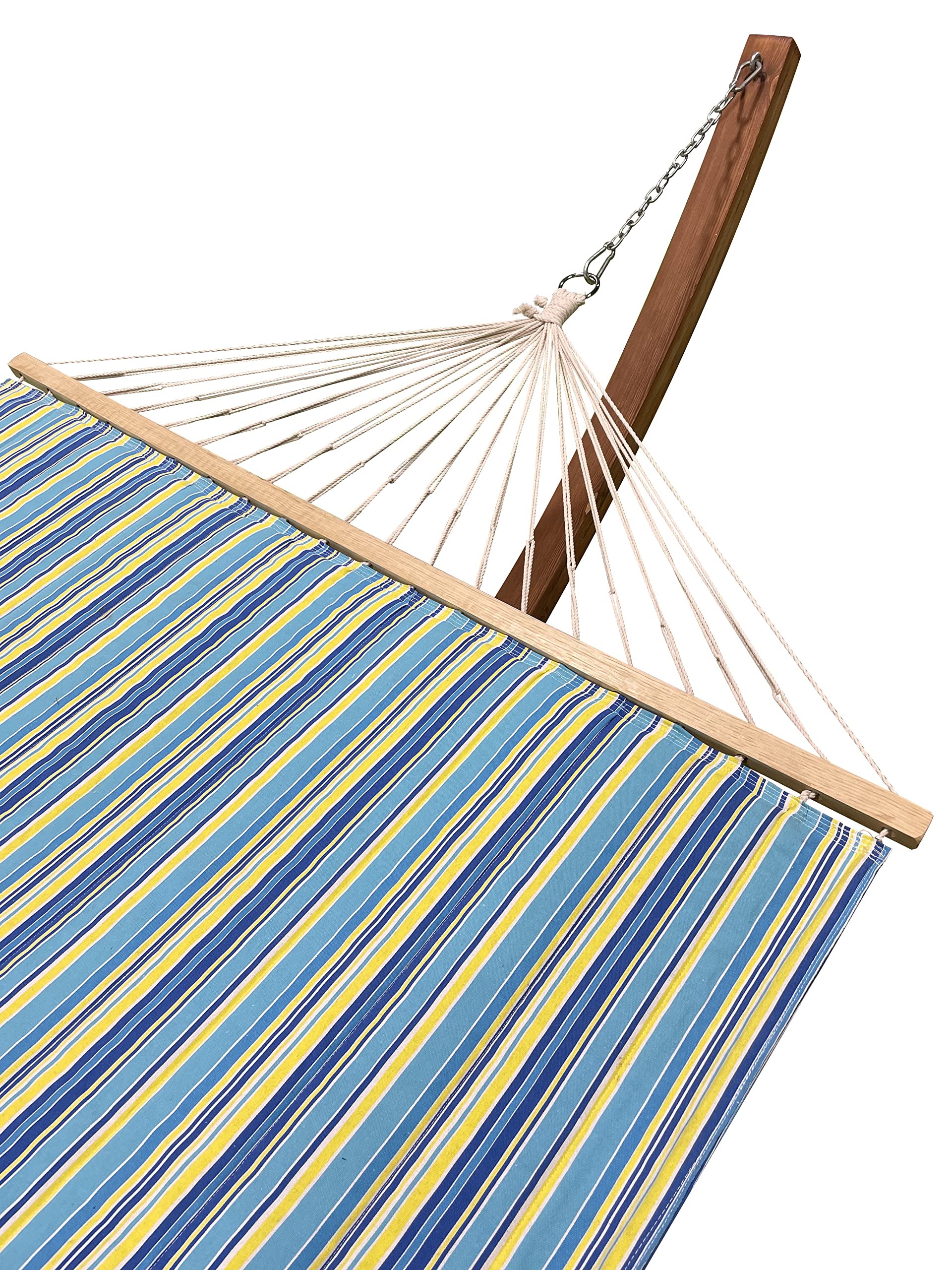 14 Ft. Water-Treated Wooden Arc Hammock Stand with Premium Quilted Double-Padded Hammock Bed - 2 Person Outdoor Hammock (450 LB Capacity) - Teak Stain/Teal & Yellow Stripe - Perfect for Backyard, Patio, Garden & Beach Relaxation
