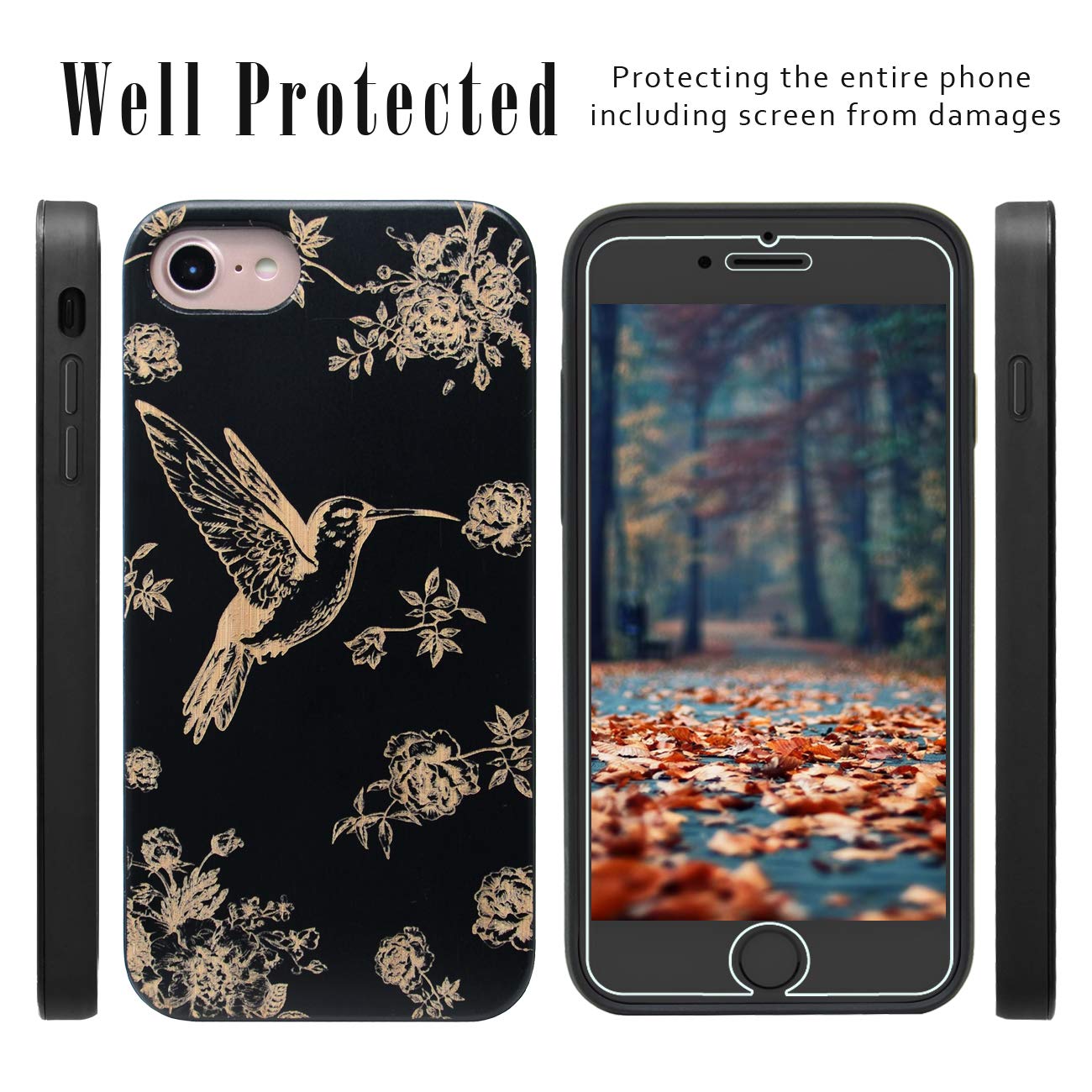 Premium Wooden Phone Case Compatible with iPhone 8 Plus/7 Plus/6 Plus/6S Plus - Black Bamboo Cover with Hummingbird Engraving & Built-in Metal Plate (5.5 Inch) + Free Screen Protector | Eco-Friendly Protective Case for Daily Use, Travel & Outdoor Activities