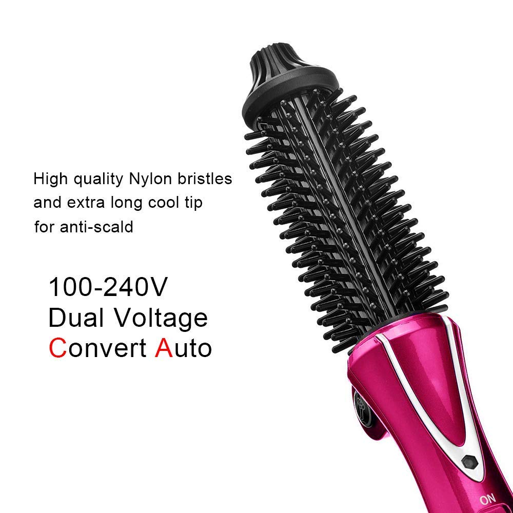 1 Inch Anti-Scald Ionic Travel Hair Curling Iron Brush - Dual Voltage Heated Curling Wand & Round Hair Styler for Beach Waves, Salon Styles & Everyday Curls - Perfect for Travel, Home & Professional Use (Red Wine)