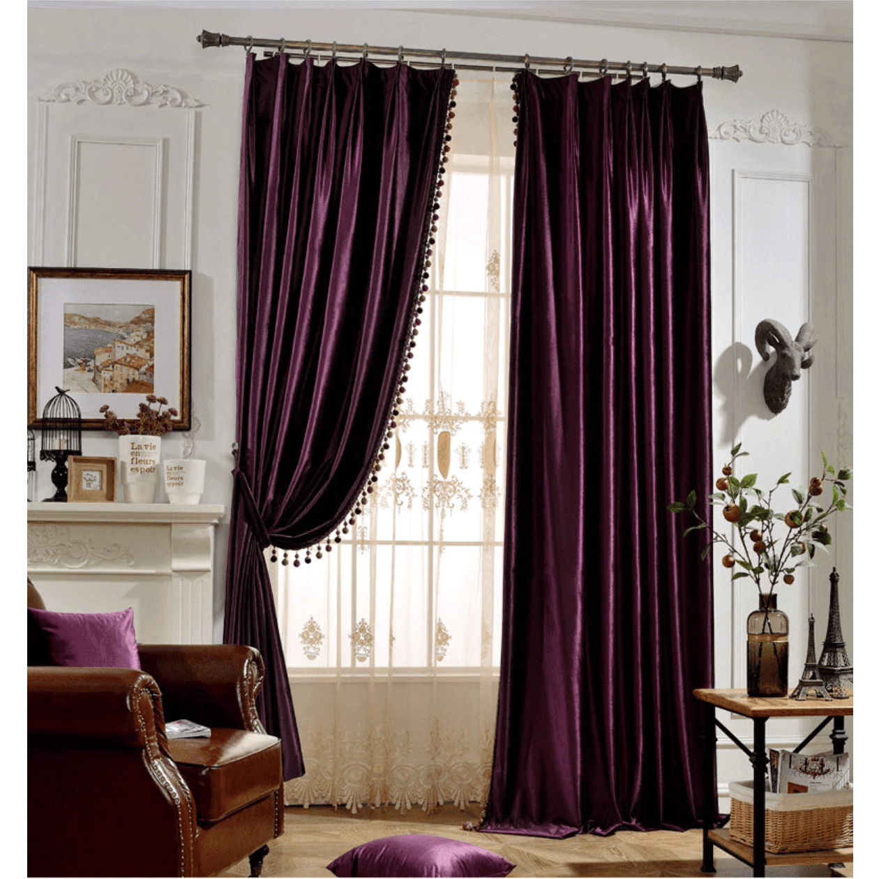 Luxury Blackout Velvet Curtains with Tassel Trim - Purple, Thermal Insulated Drapes for Bedroom & Living Room, European Style Elegant Window Treatment for Home Decor