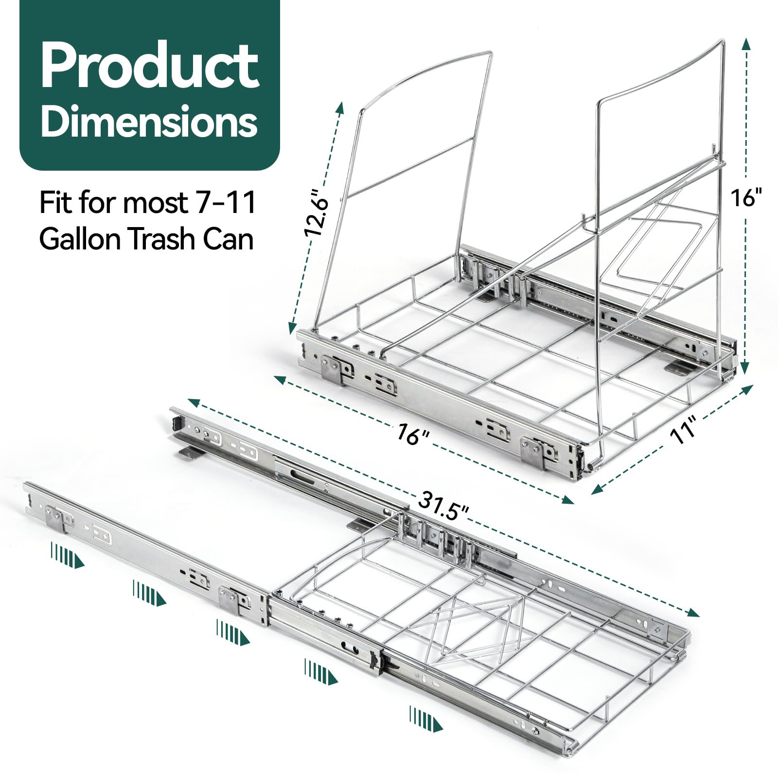 Under Cabinet Pull Out Trash Can Kit - Adjustable Slide Out Garbage Bin Organizer with Removable Basket for 7-11 Gallon Trash Cans (Trash Can Not Included) - Perfect for Kitchen, Bathroom & Office Organization