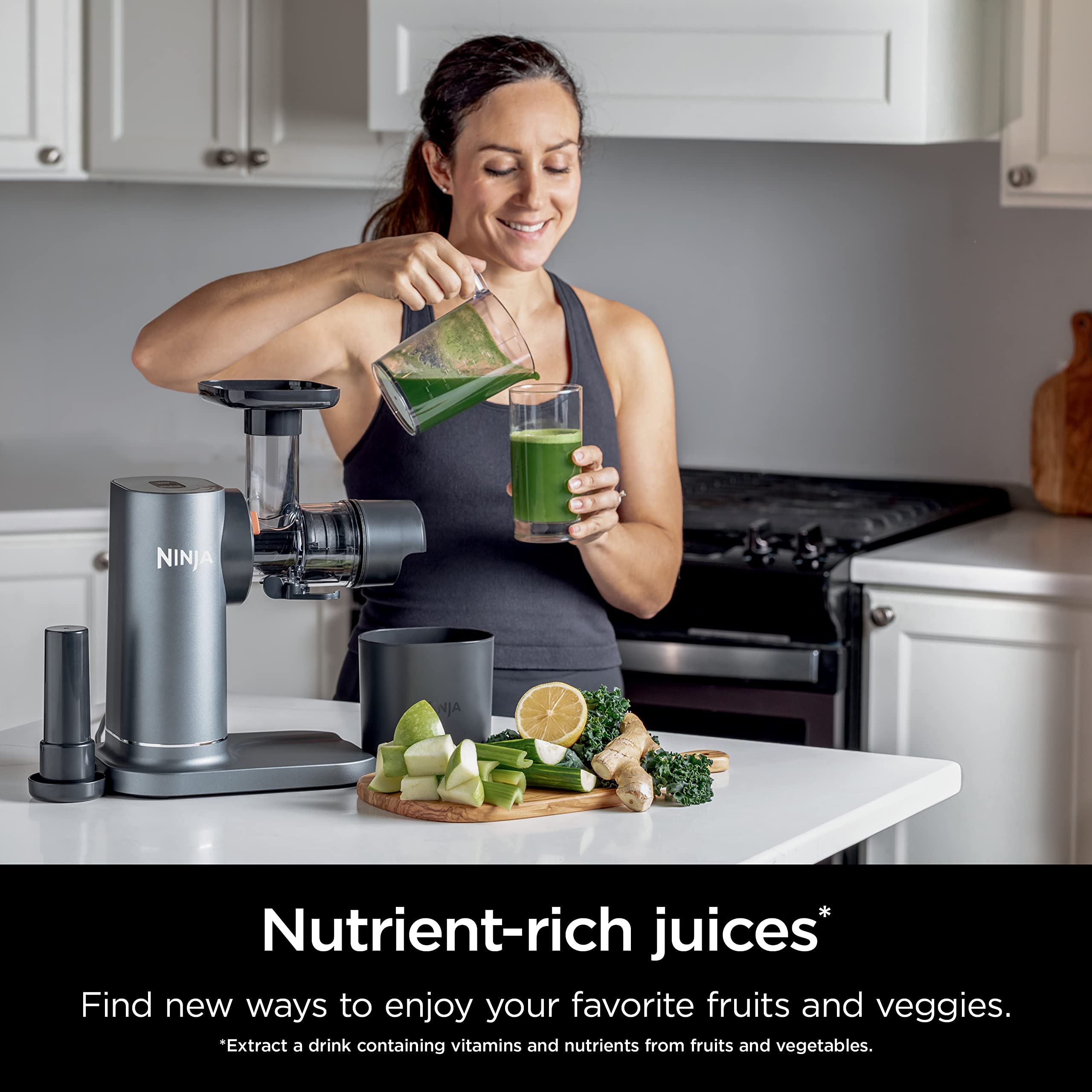 Ninja JC151 NeverClog Cold Press Juicer - Powerful Slow Masticating Juicer with Adjustable Pulp Control, Quiet Countertop Electric Juicer for Fruits & Vegetables, 2 Pulp Settings, Dishwasher Safe, 2nd Gen Charcoal - Perfect for Healthy Juicing, Detox & Weight Loss at Home