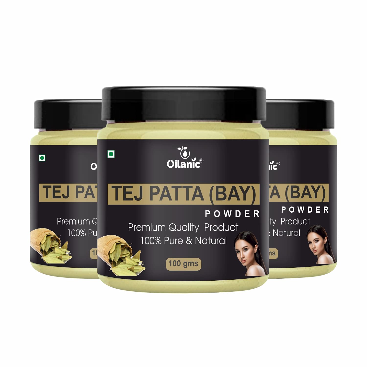 Oilanic 100% Pure & Natural Bay Leaf Powder (Tej Patta) - Skin & Hair Care Combo Pack of 3 Jars (300g) | Ayurvedic Beauty Treatment for Glowing Skin & Healthy Hair Growth