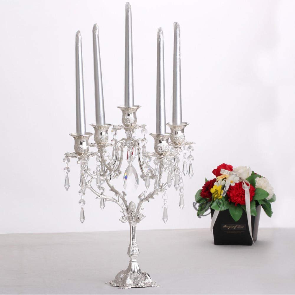 5-Arm Silver Iron Candle Holder Centerpiece - 14.97in/38cm Tall Pillar Candle Stand for Dining Table, Wedding Decor, Party & Home Decoration - Perfect for Romantic Dinners, Holiday Tablescapes & Special Occasions