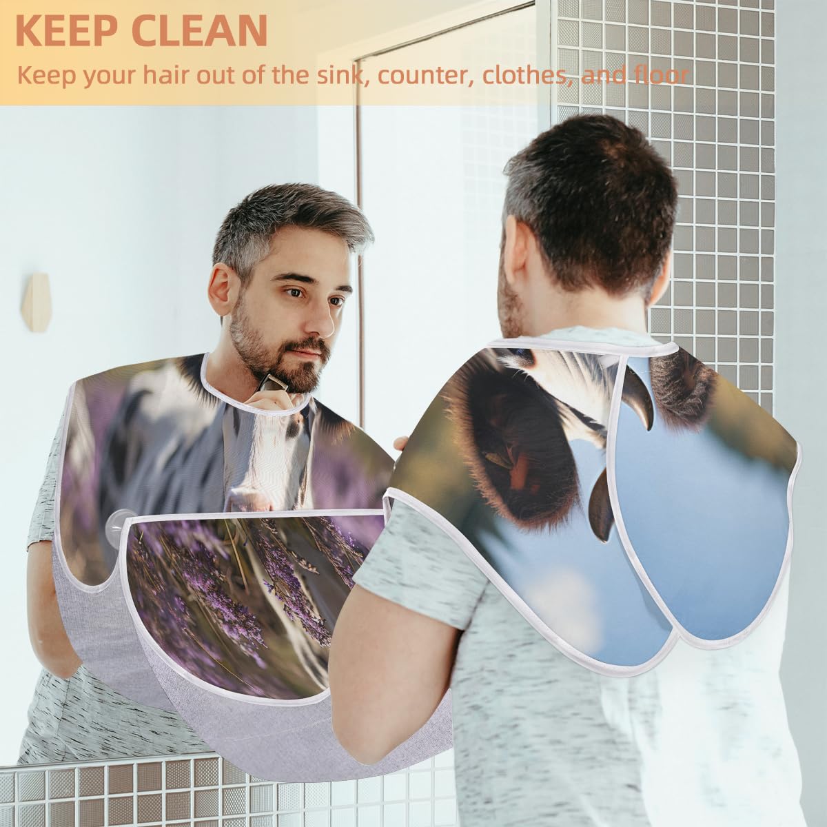 **Lavender Cow Print Beard Bib for Men - Waterproof Shaving Apron for Hair Dye & Makeup - Sink Hair Catcher for Beard Trimming & Lineup - Perfect Gift for Barbers & Stylists (Great for Home & Salon Use)**
