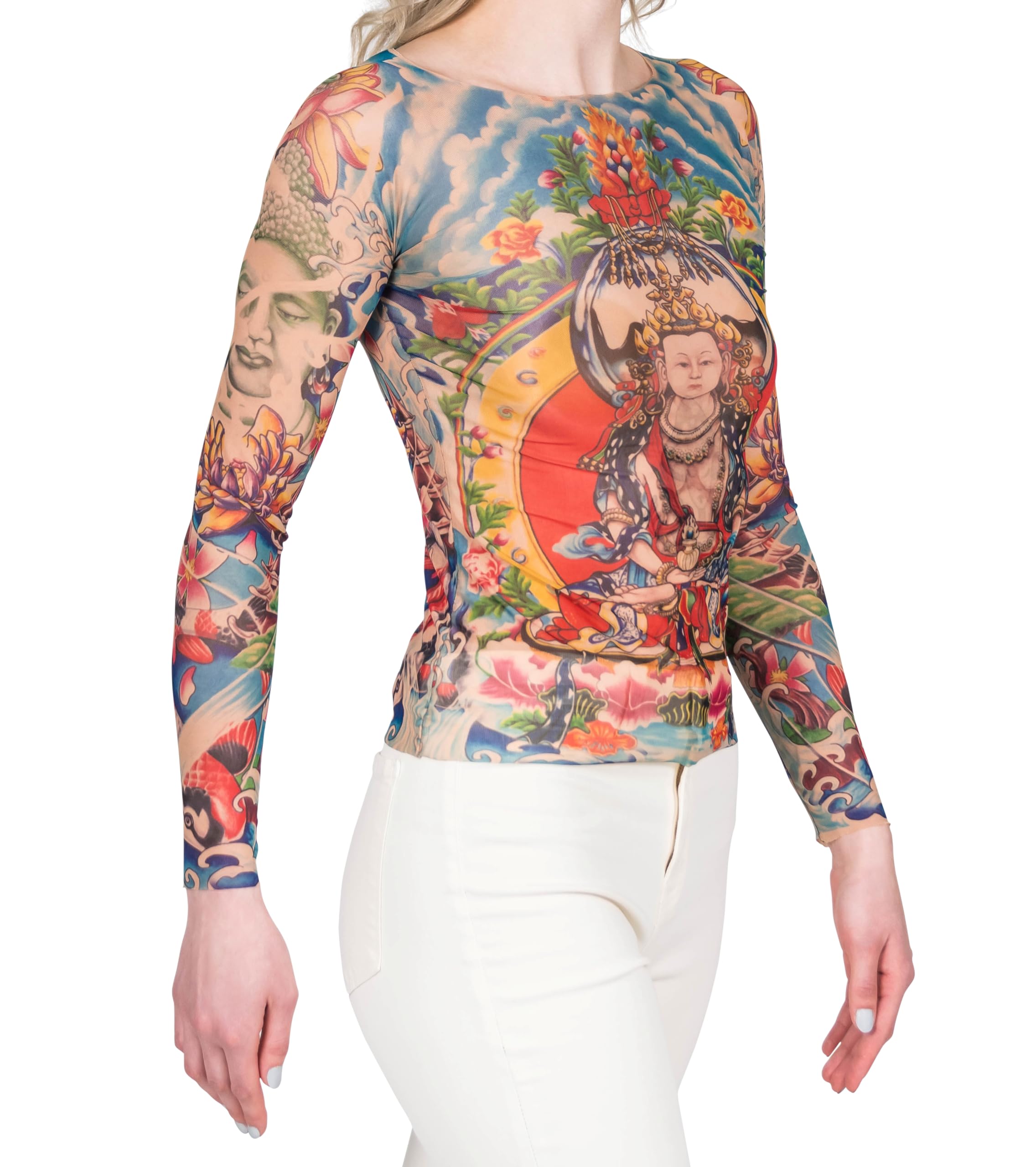 Wild Rose Women's Prayer Buddha Yoga Meditation Lotus Koi Zen Blue Tattoo Print Mesh Shirt - Perfect for Yoga, Meditation, and Spiritual Retreats