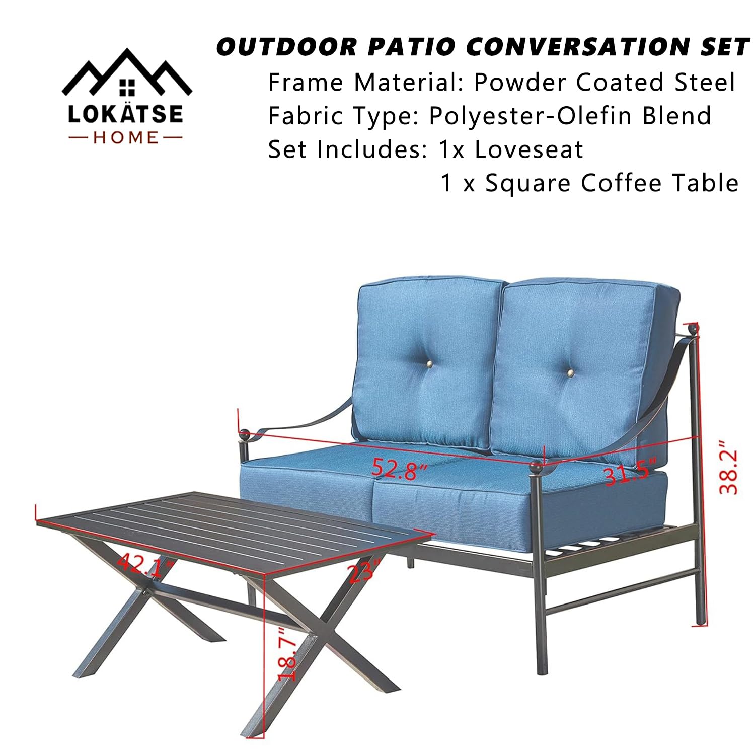 LOKATSE HOME 2-Piece Outdoor Patio Loveseat Set with X-Leg Coffee Table - Waterproof Cushioned Conversation Furniture for Garden, Yard, Porch, Poolside (Blue) | Perfect for Relaxing, Entertaining Guests, and Enjoying Summer Evenings