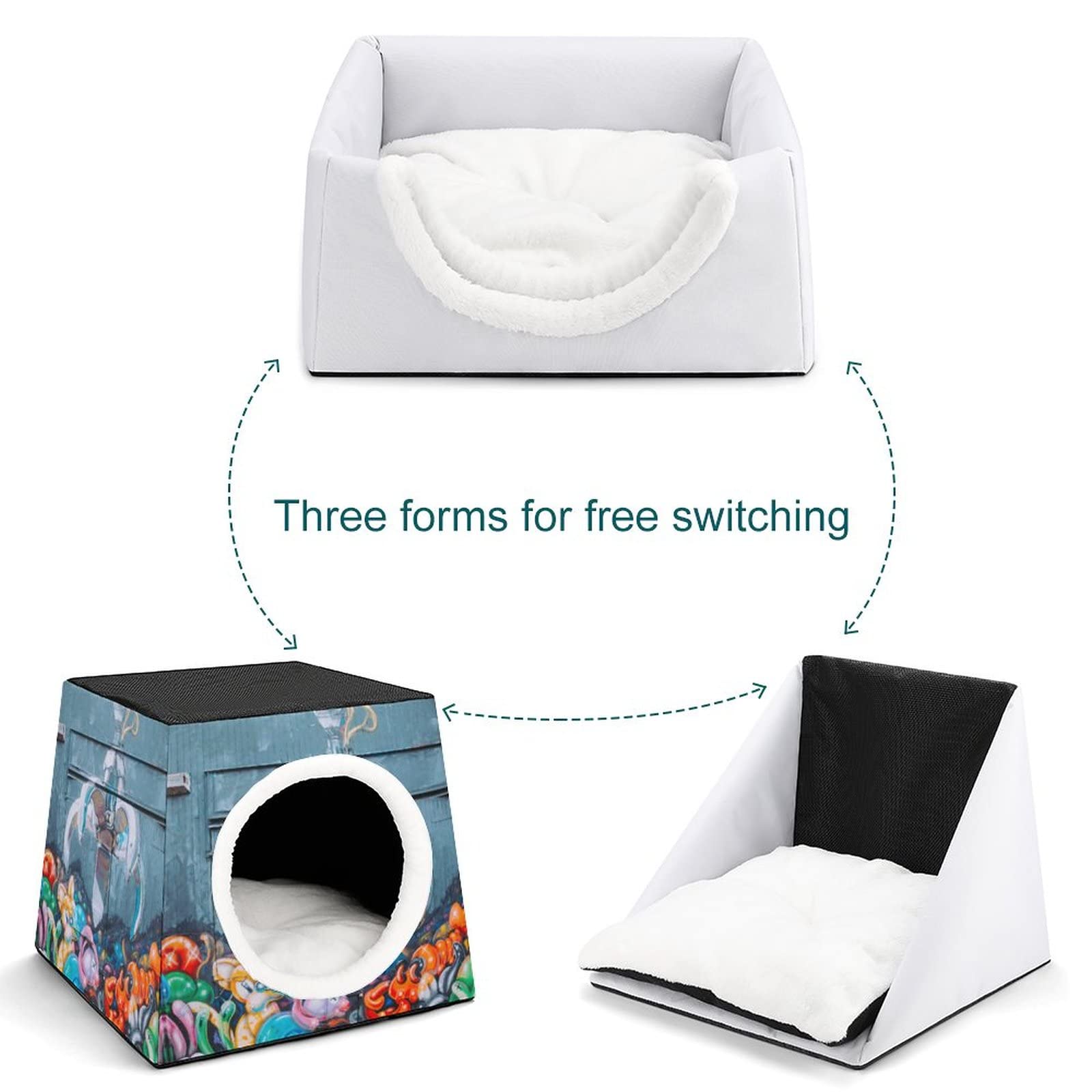 Printed Cat Cube Kitty House - Indoor Cat Bed & Small Dog Shelter - Warm Cozy Pet Sofa with Cartoon Animal Graffiti - Perfect for Home, Apartment & Office Pet Lounging
