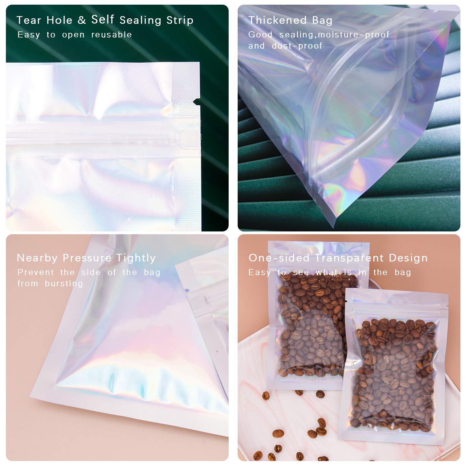 100-Pack 4x6 Inch Smell Proof Resealable Mylar Bags - Holographic Rainbow Ziplock Food Storage Pouches for Weed, Coffee, Snacks & Party Favors | Airtight Plastic Packaging for Freshness & Discretion