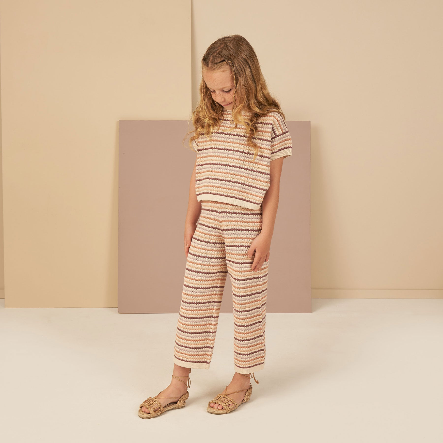 Stylish Boxy Crop Knit Tee - Honeycomb Stripe Pattern in Mulberry, Mauve, Clay & Sand - Perfect for Casual Outfits & Layering - FINAL SALE