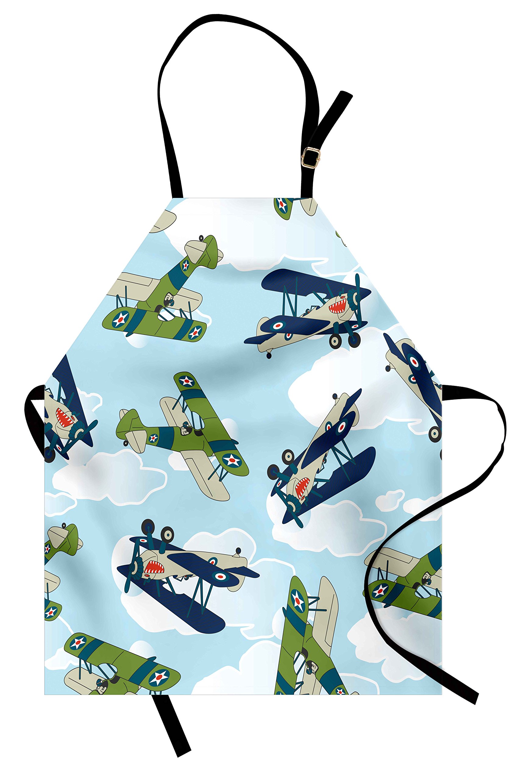 Vintage Allied Plane Flying Pattern Cartoon Shark Teeth Adjustable Apron - Small Baking & Painting Bib with Ties - Blue, White, Olive Green - Perfect for Cooking, Grilling, Art Classes & DIY Projects