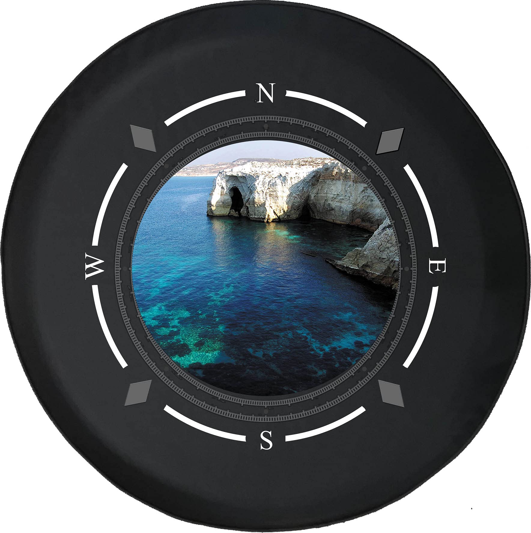 Premium Universal Spare Tire Cover with Compass Design – Clear Water Ocean Cliff Hidden Spot Wheel Cover for SUV, Trailer, RV & Most Vehicles – Perfect for Off-Road Adventures & Camping Trips