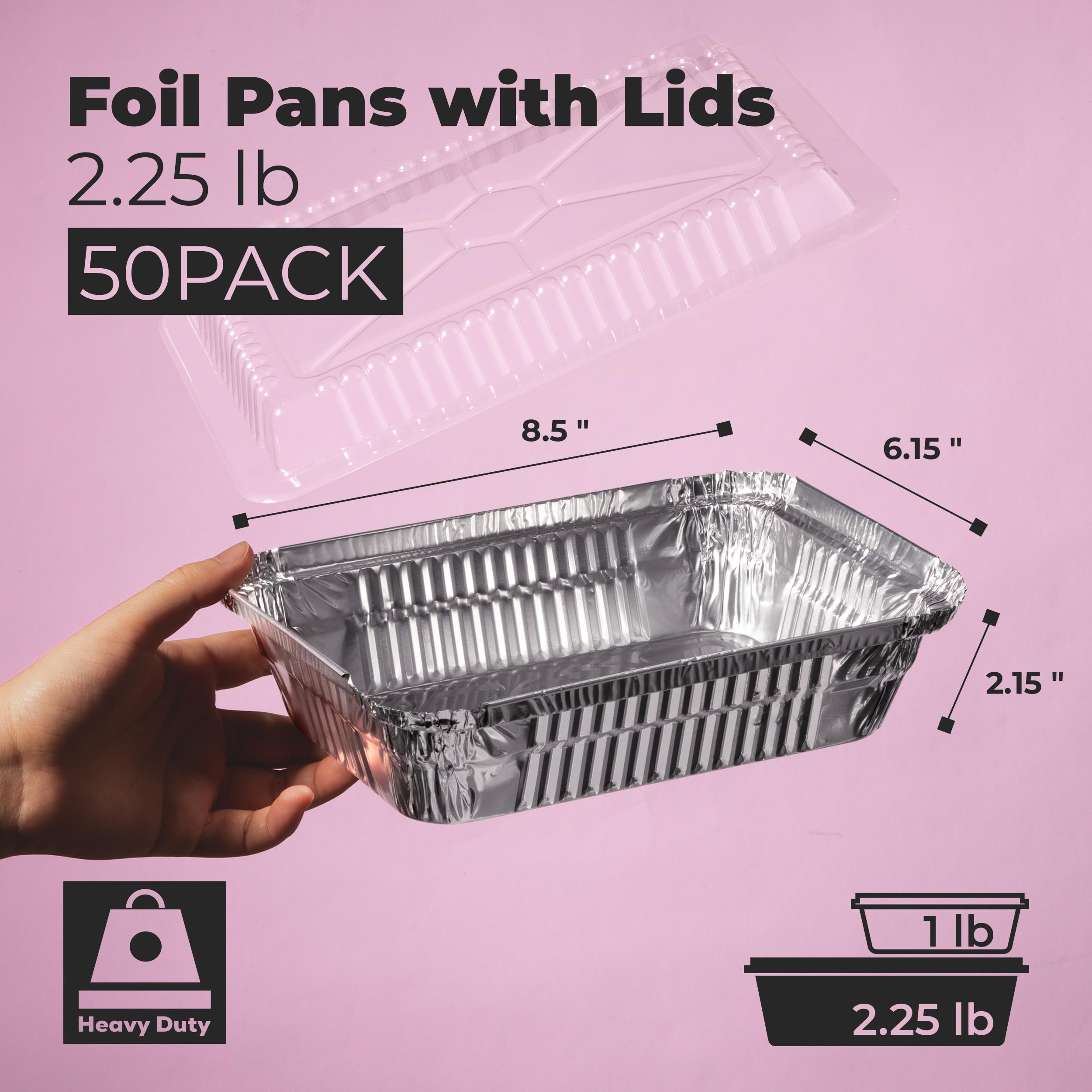 50 Pack 2.25 lb Disposable Aluminum Foil Pans with Clear Lids - 8.5 x 6.15 x 2.15 Inch Freezer & Oven Safe Food Containers for Meal Prep, Catering, Takeout & Baking - Perfect for Restaurants, Food Delivery & Home Cooking