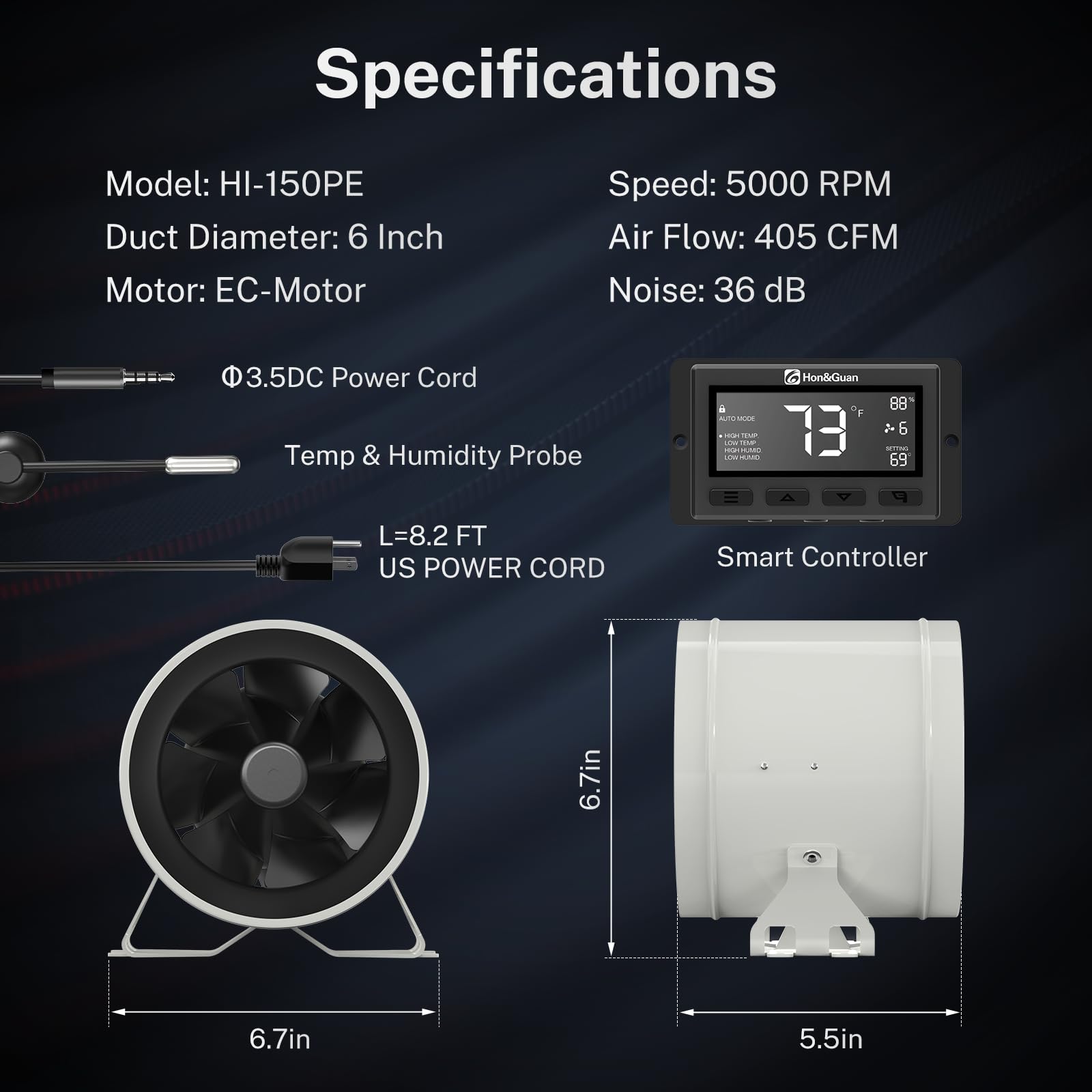 Hon&Guan PRO 6 Inch Inline Duct Fan - 405 CFM High Power Ventilation Fan with Quiet EC Motor & Smart Temperature Humidity Controller - White & Black - Ideal for Grow Tents, Hydroponics, HVAC Systems, Home Ventilation, and Commercial Exhaust Applications