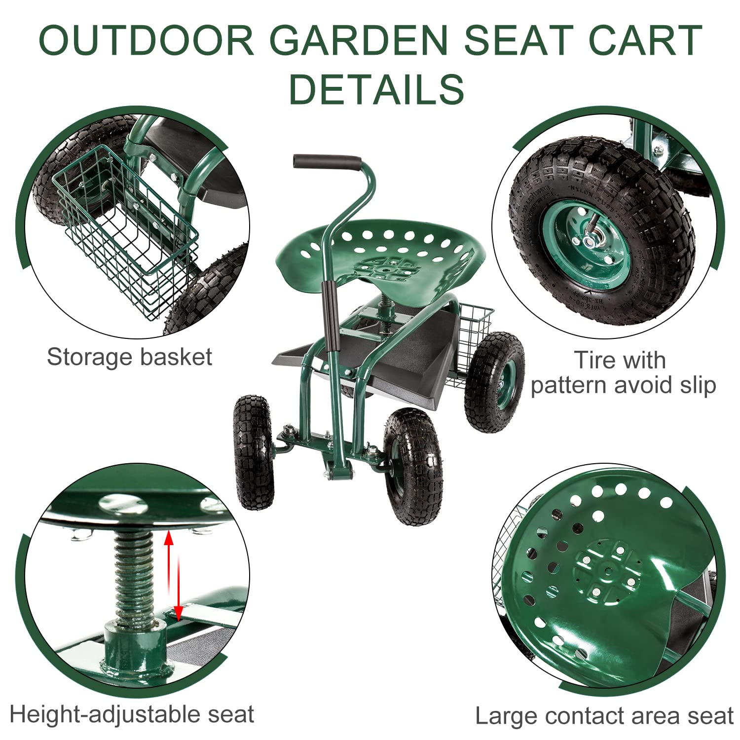 **Kinfant 360° Swivel Rolling Garden Cart with Seat - Heavy Duty Outdoor Garden Stool, Utility Cart for Gardening, Yard Work, and Patio Use**    *(Use Case: Perfect for planting, weeding, transporting tools, and relaxing in your garden or backyard.)*