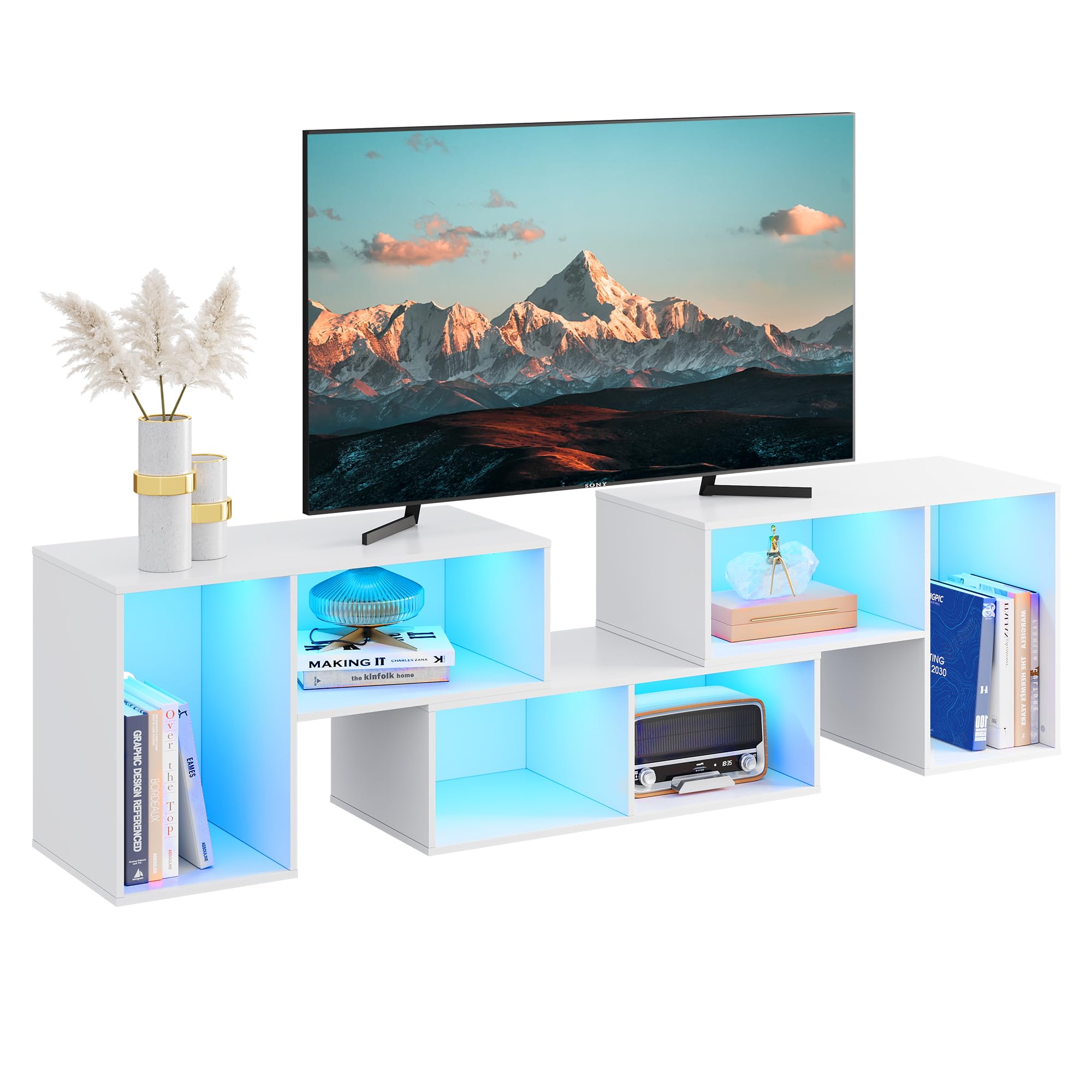 WLIVE Modern TV Stand with LED Lights - Adjustable 3-Piece Entertainment Center for Living Room & Bedroom - White Gaming Media Console Cabinet for TVs up to 65
