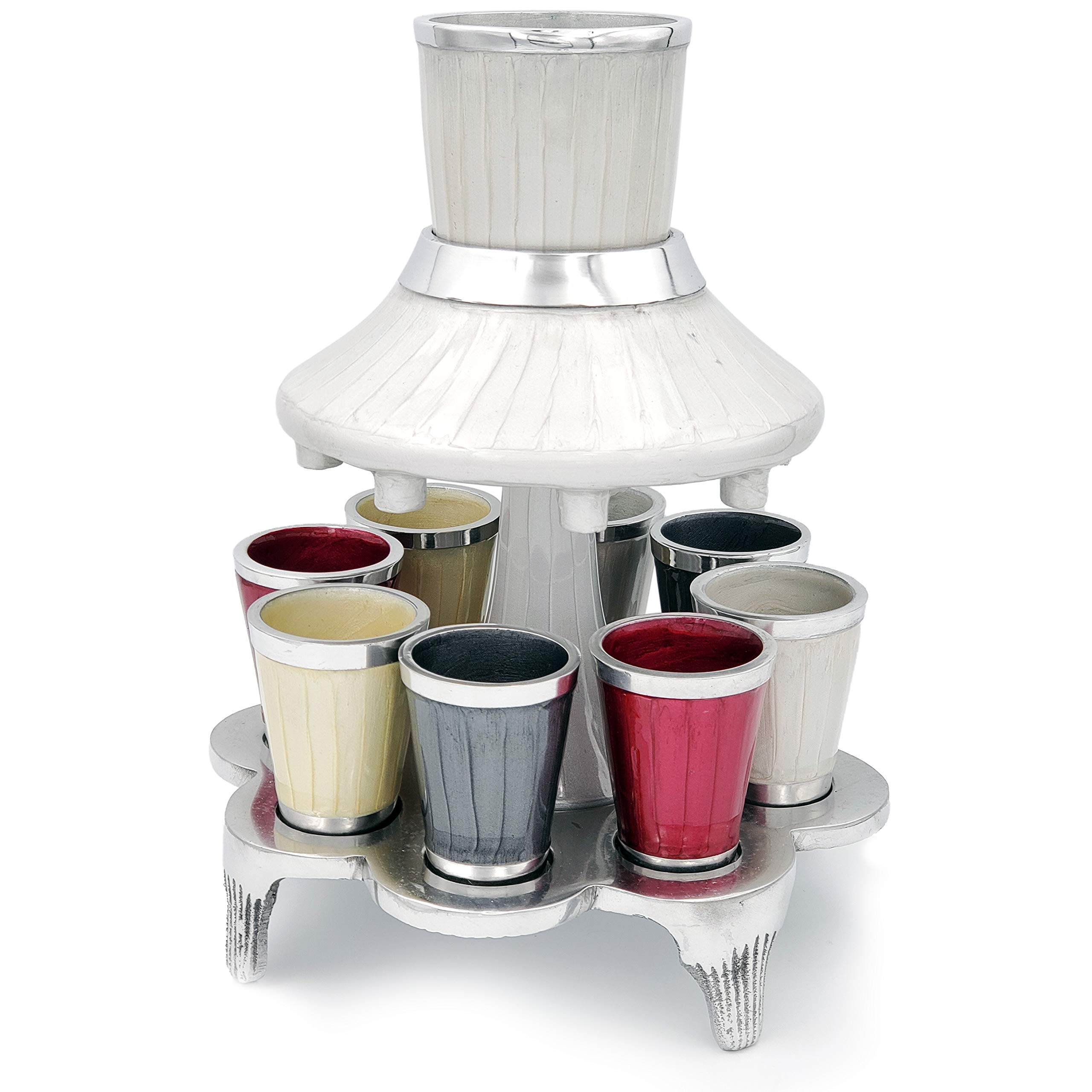 Modern Hand-Painted Enamel Wine Fountain Kiddush Cup Set - 8 Piece Removable Fountain for Shabbat & Jewish Holidays - Elegant White & Multicolor Cups for Family Gatherings & Religious Ceremonies