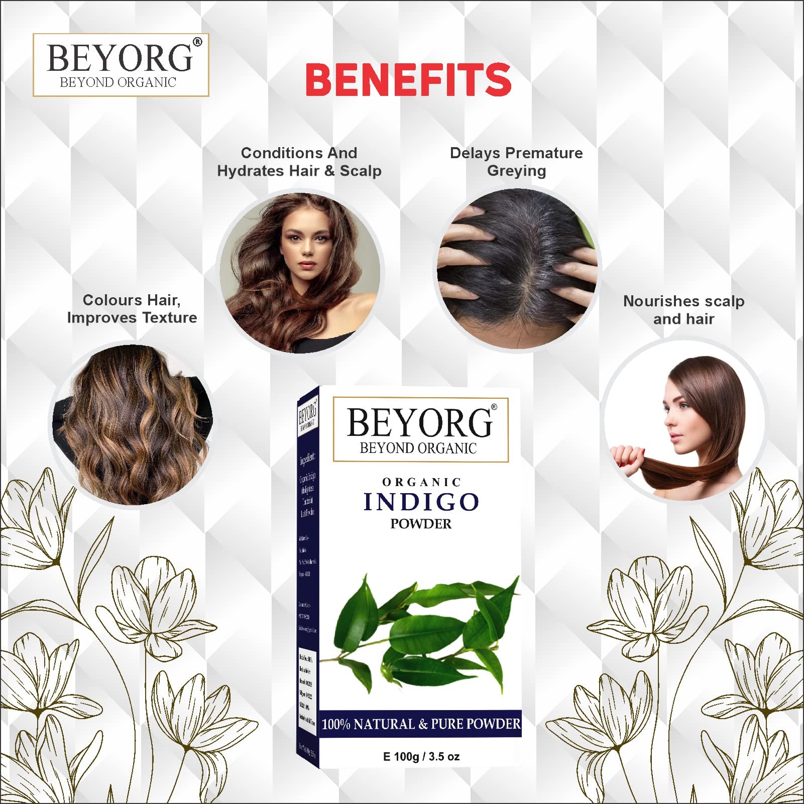 Kaolin Clay & Indigo Powder for Glossy Shiny Hair - Anti Dandruff & Hair Growth Treatment - 200g Natural Hair Care - Perfect for Deep Conditioning & Scalp Treatment at Home