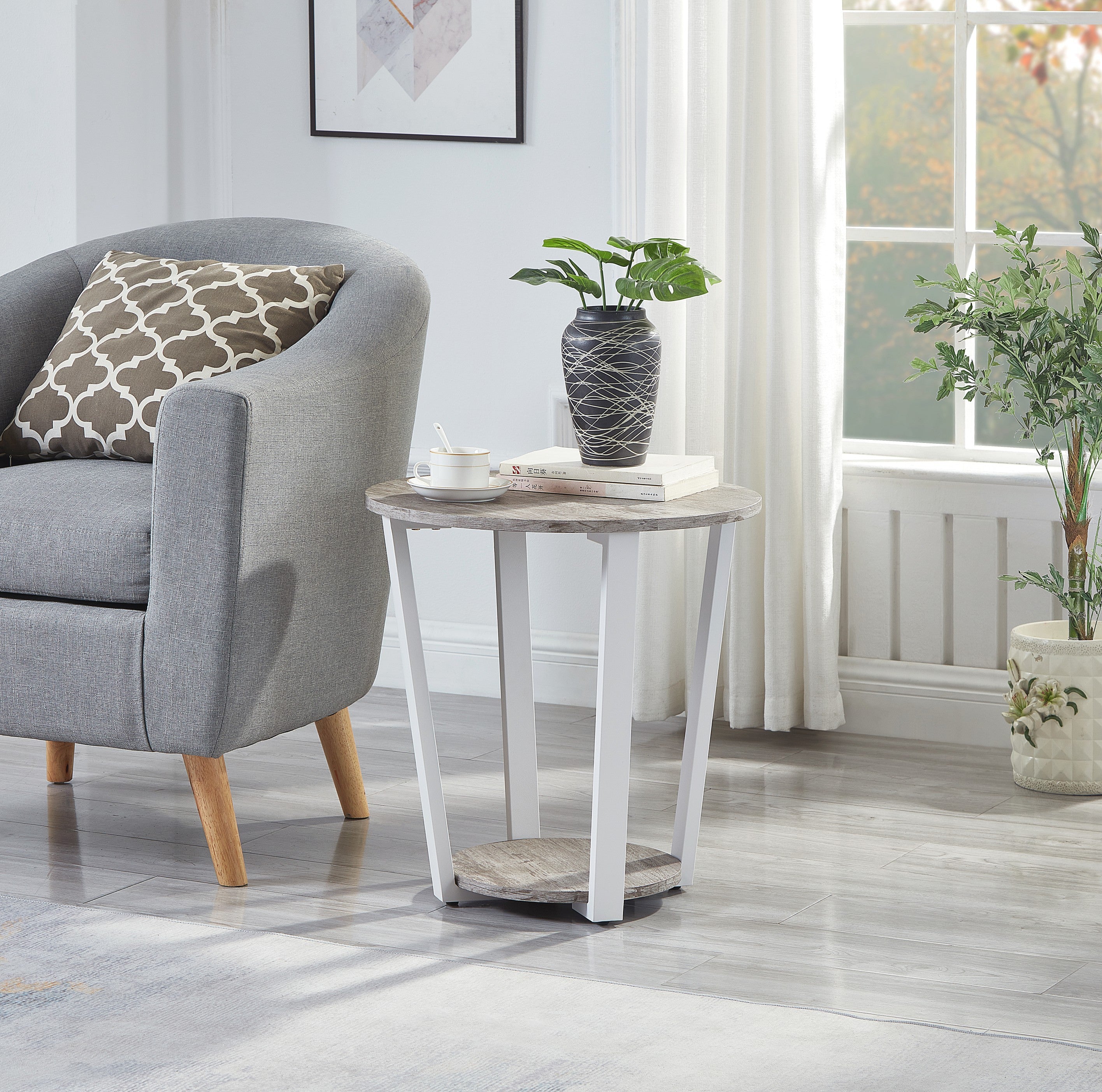 Roundhill Furniture Elysian Modern Round End Table with Lower Shelf - Stylish Living Room Side Table for Sofa, Bedroom & Small Spaces