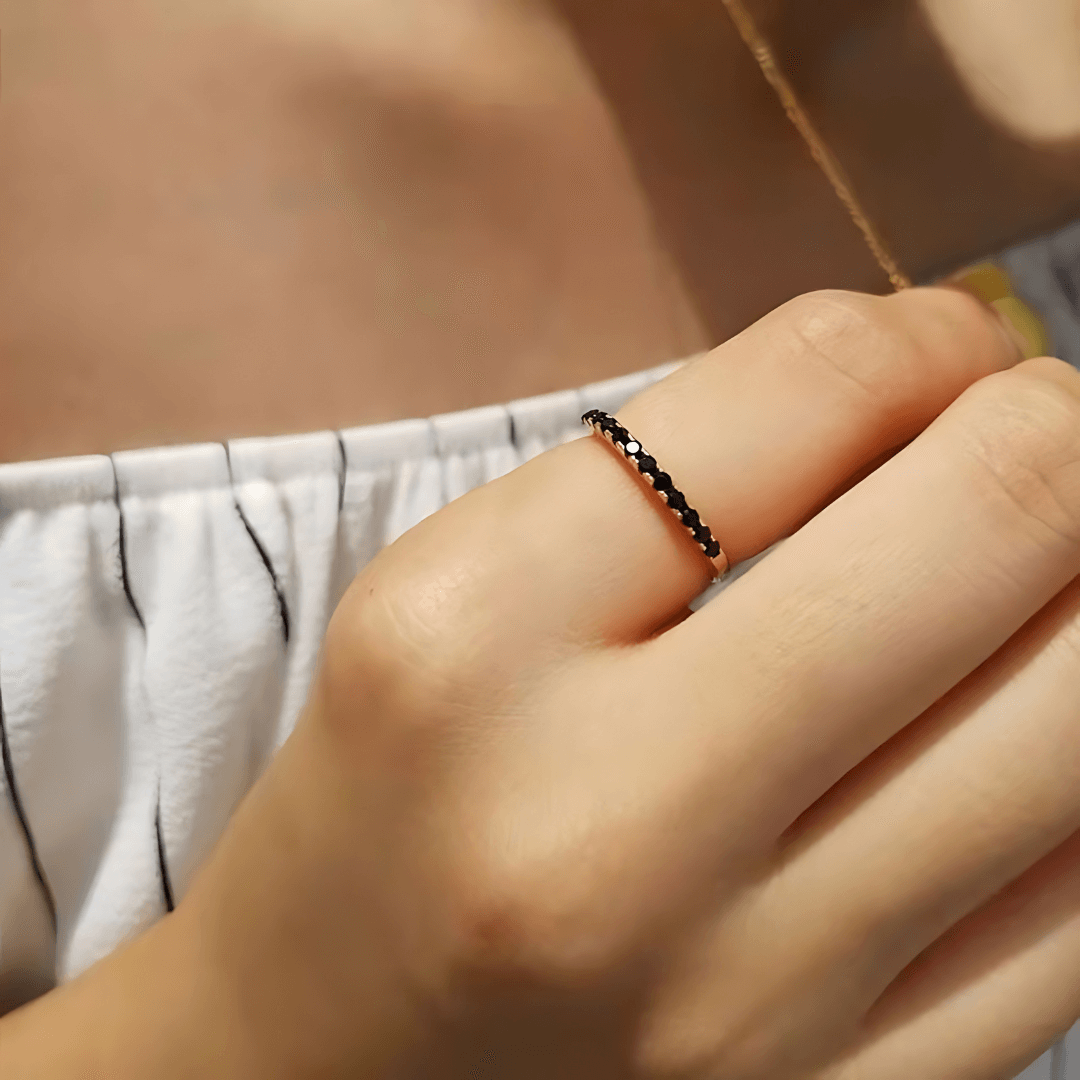 Black Zircon Half Eternity Pave Stacking Ring | HJ236 | Elegant Wedding Band, Anniversary Gift, Promise Ring for Women