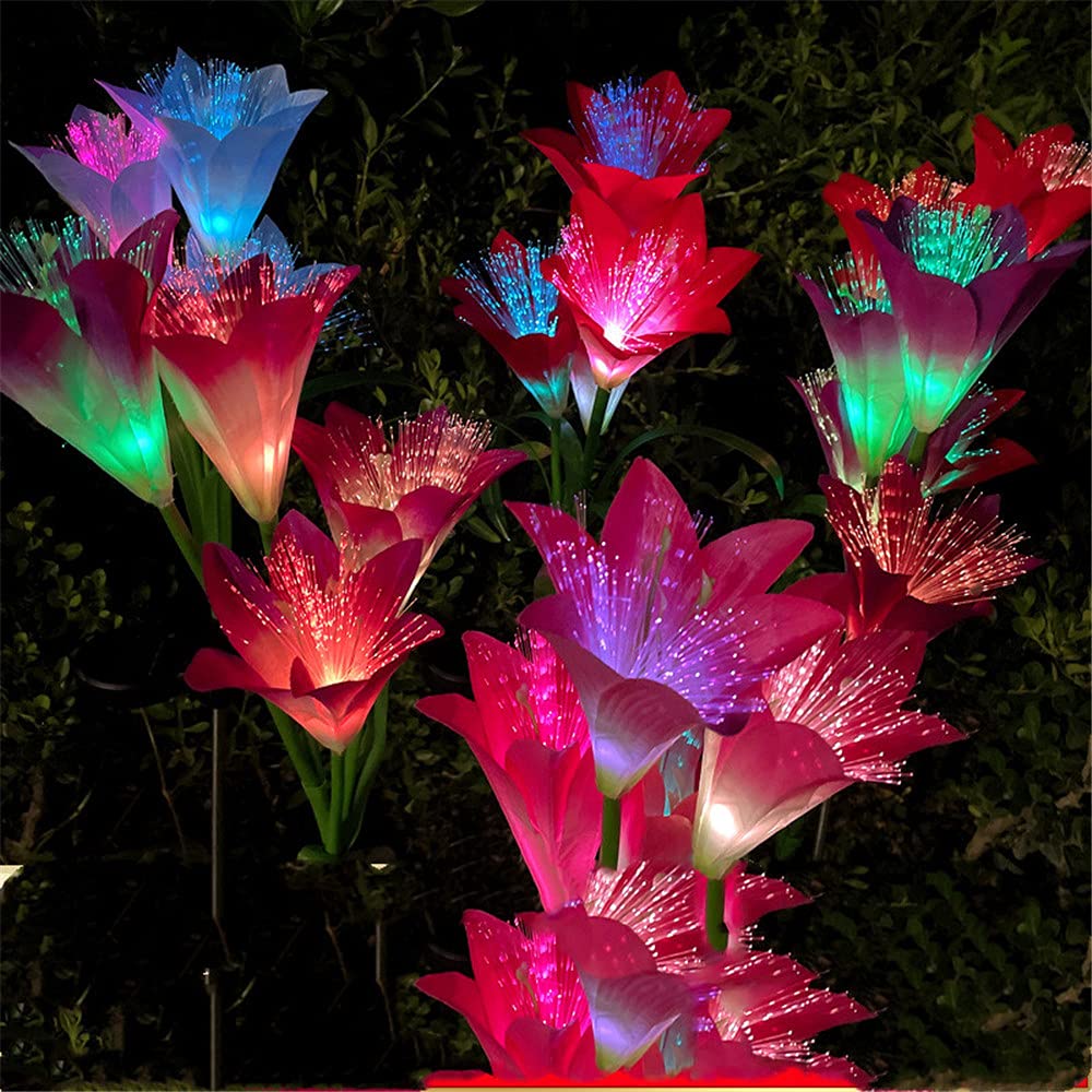 4 Pack Outdoor Solar Garden Lights - 7 Color Changing LED, Waterproof Lily Flower Design with Larger Solar Panel for Pathway, Patio, Yard - Perfect for Landscape Lighting & Nighttime Decoration