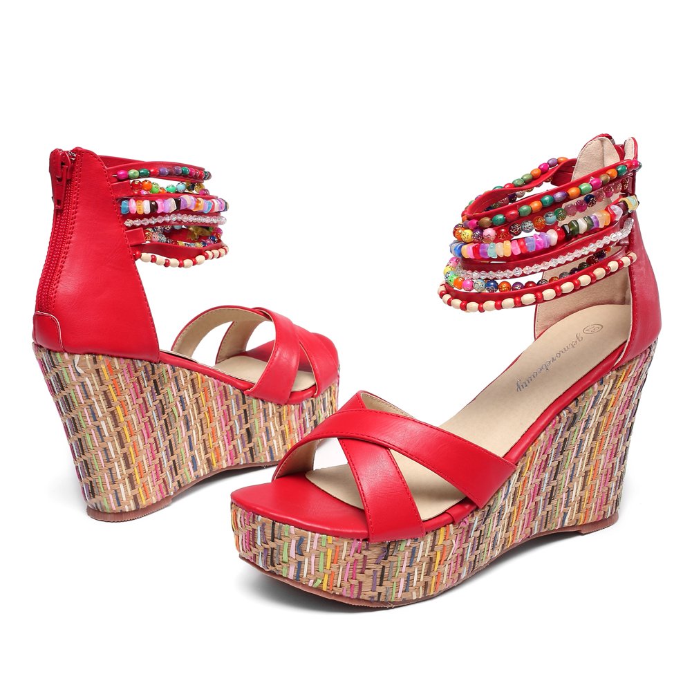 Getmorebeauty Women's Pearl Embellished Wedge Sandals - Comfortable Platform High Heels for Summer, Beach, and Casual Outings