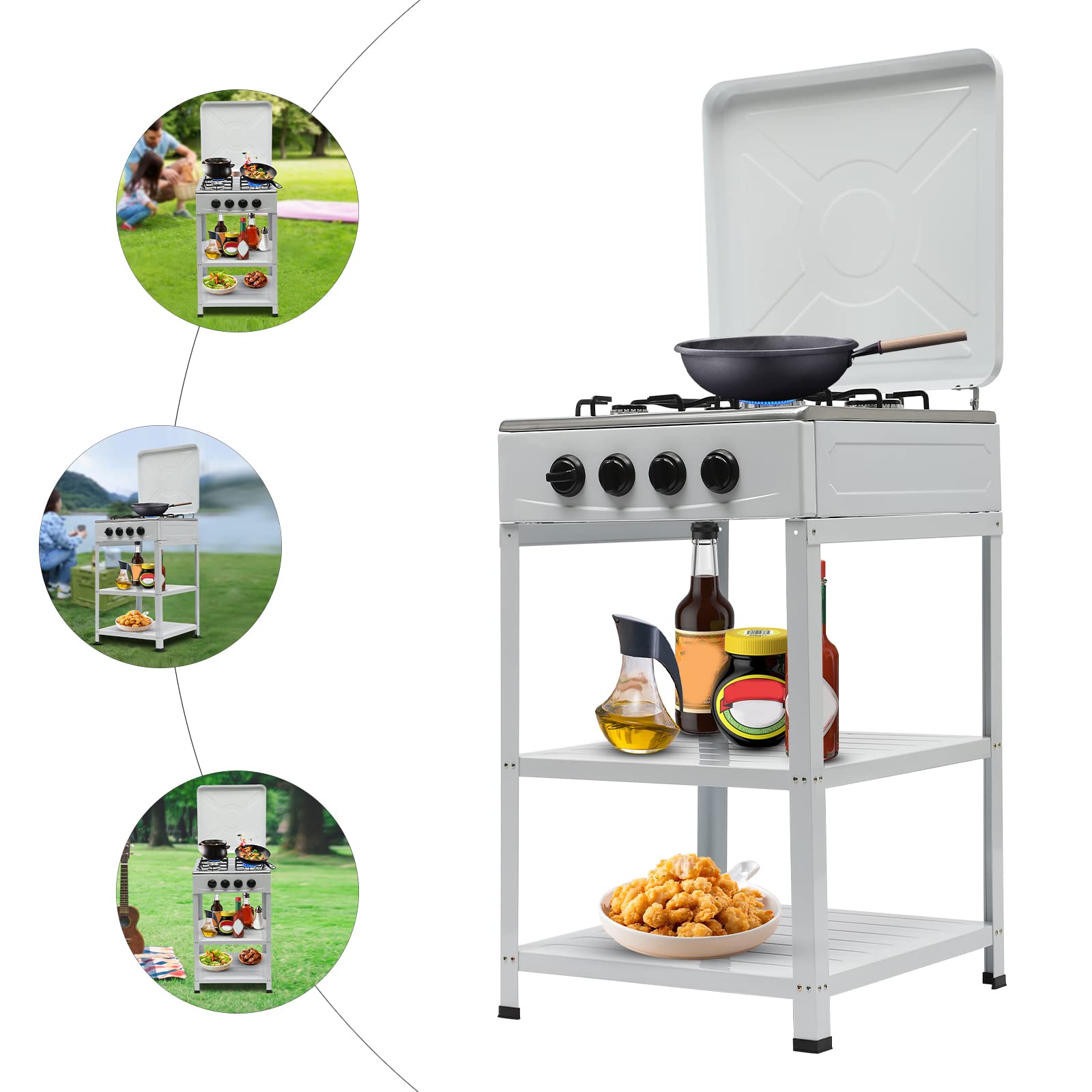 4 Burner Portable Camping Stove with Windproof Cover & Leg Stand - Manual Ignition Gas Stove for Outdoor Cooking, Picnics, RV Trips & Emergency Preparedness