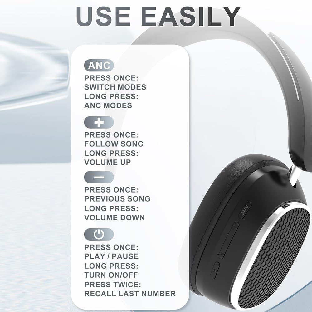 AYI Premium Active Noise Cancelling Bluetooth Headphones - Over Ear Wireless Headset with Detachable Mic, HiFi Stereo Sound, 40H Playtime for Gaming, Work, Travel - Compatible with iPhone, Android, TV, Laptop (Black) - Perfect for Office, Commuting & Home Entertainment