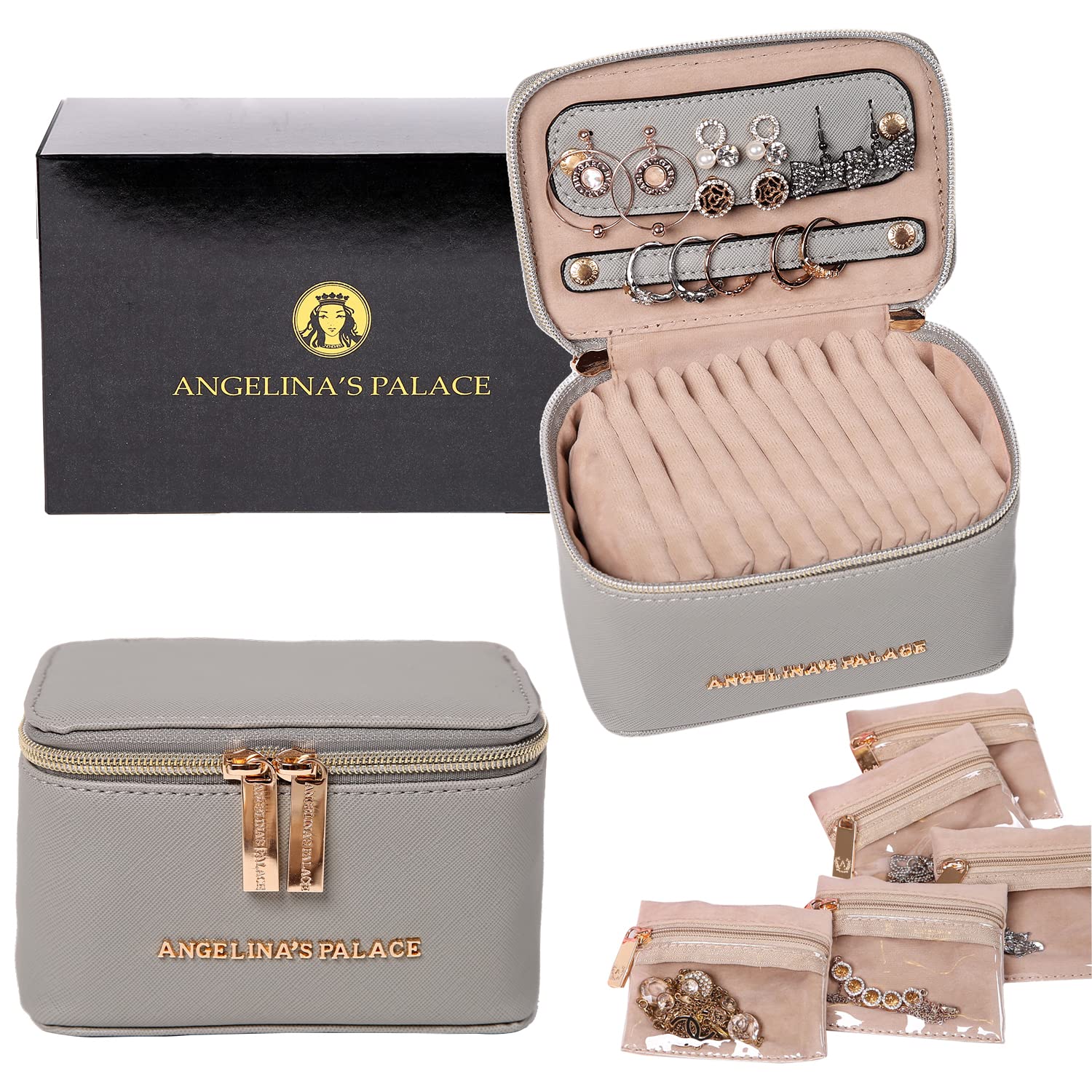 Angelina's Palace Jewelry Organizer Travel Case - Vegan Leather Storage Box for Necklaces, Earrings, Bracelets & Rings - Perfect Bridesmaid Gift & Travel Accessory (Pearl Grey) - Ideal for Wedding, Travel, Daily Organization & Gift Giving