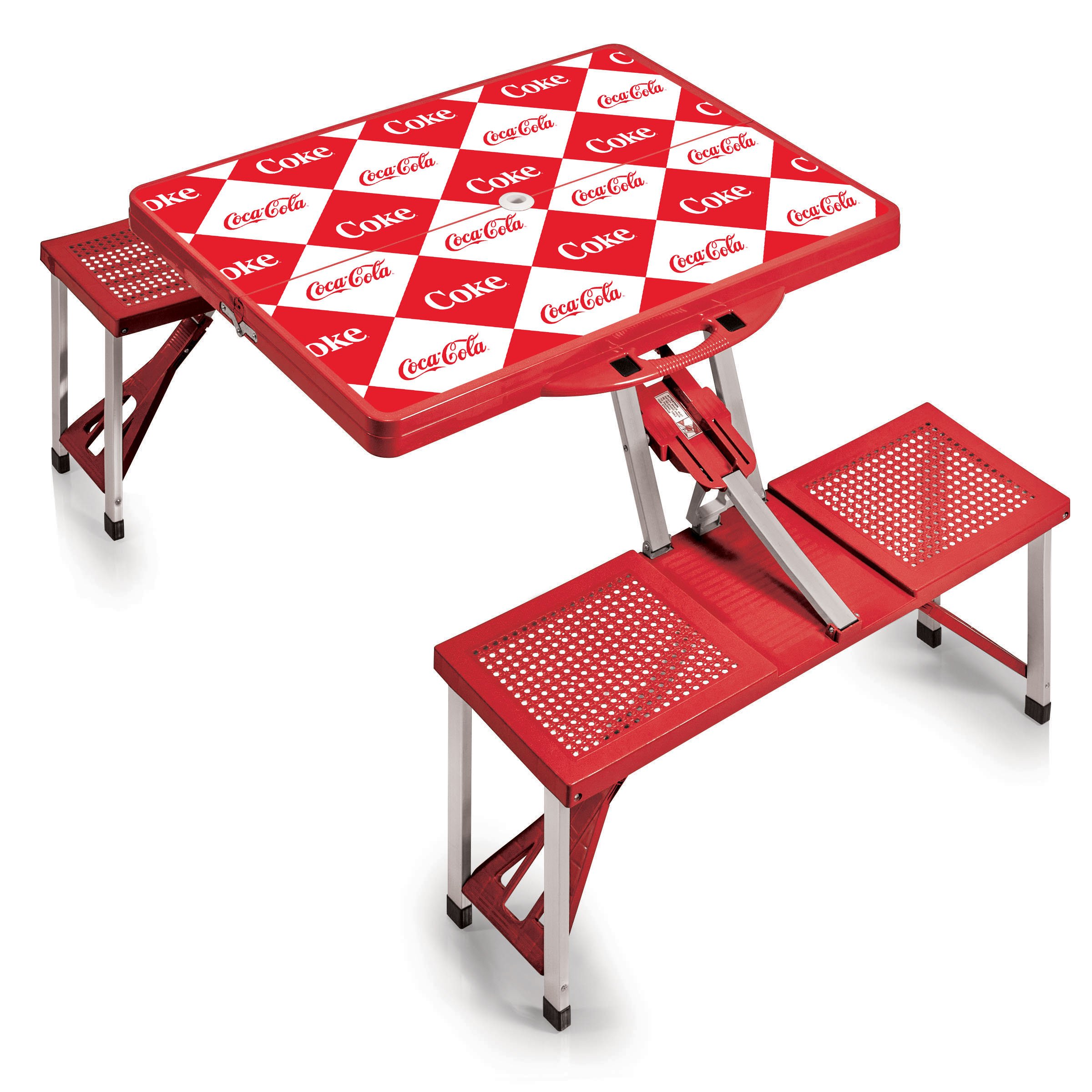 Picnic TIME Coca-Cola Folding Picnic Table - Portable Camping Table with Umbrella Hole for Outdoor, Beach, BBQ & Tailgating Parties