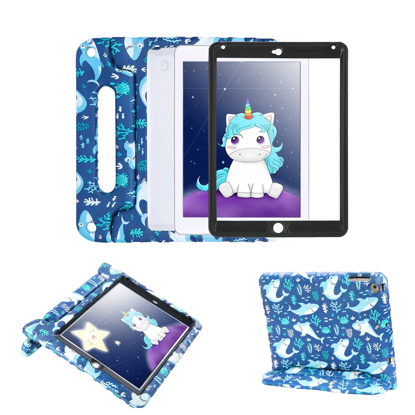 Shockproof Kids iPad Air 1 Case (1st Gen 2013) - Durable Hard Cover with Built-in Screen Protector & Stand Handle - Shark Design - Perfect for School, Travel, and Home Use