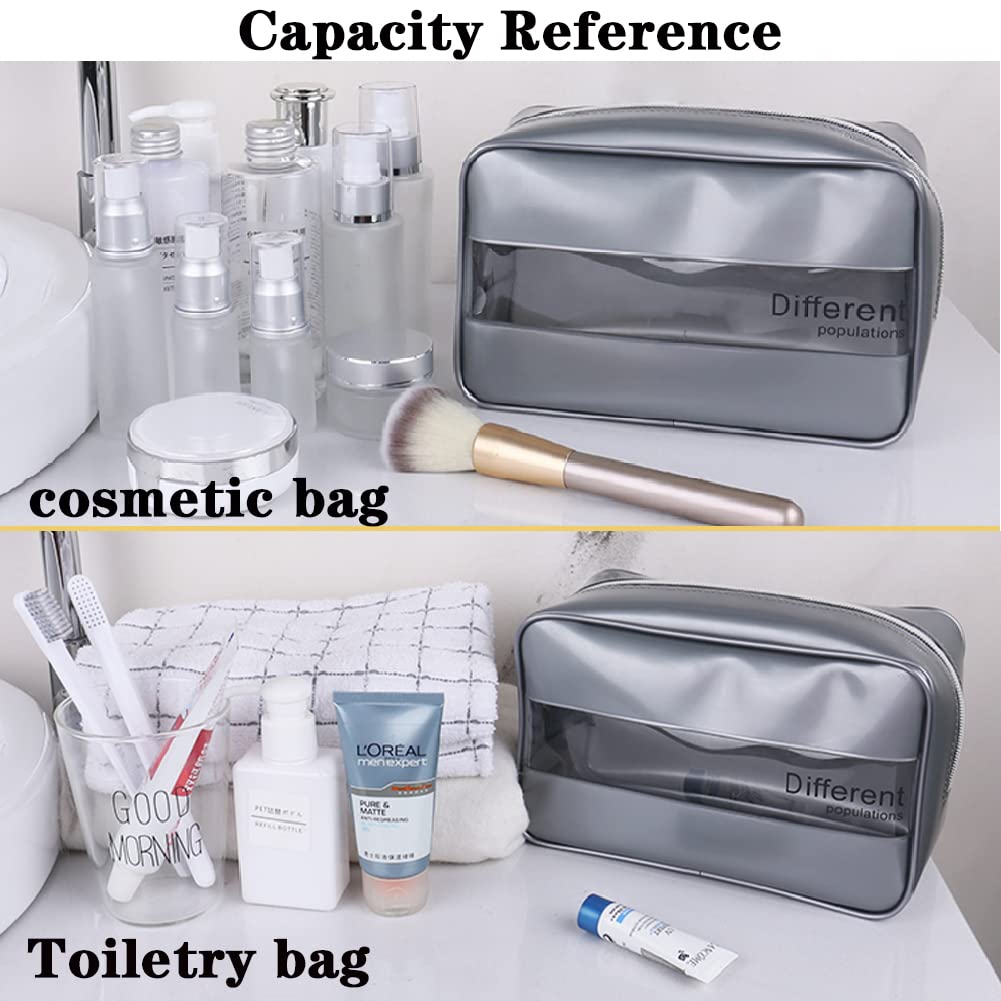 BrainKer Travel Toiletry Makeup Bag - Clear Silver Grey PVC Cosmetic Organizer with Zipper | Waterproof Makeup Pouch for Women & Men | Perfect for Travel, Gym & Daily Use