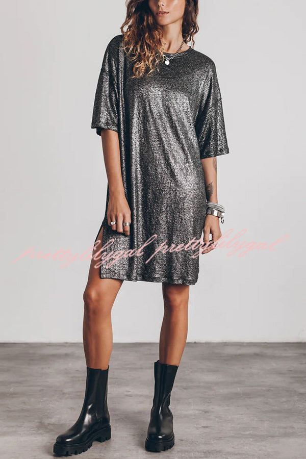 Dark Sparkly Relaxed Slit T-Shirt Mini Dress for Women | Party, Club & Night Out Outfits