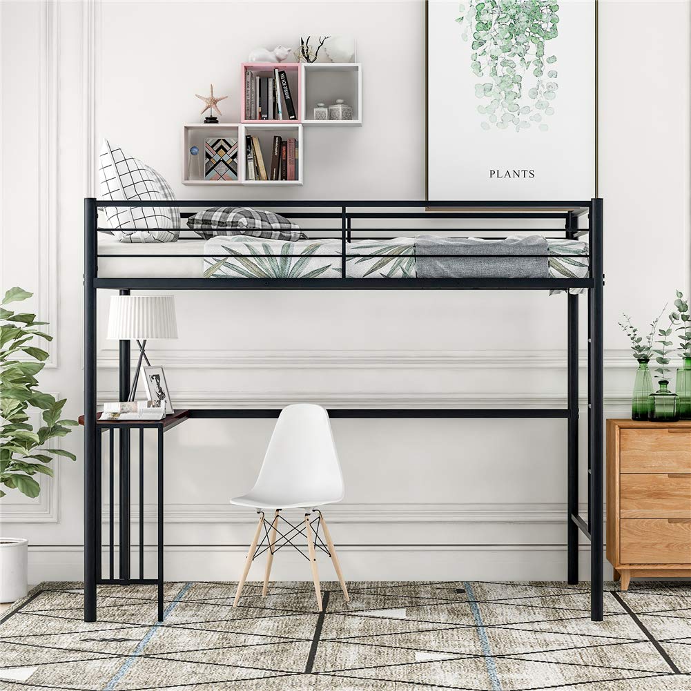 **Twin Size Metal Loft Bed with Desk & Guardrails - Space-Saving Kids Bed Frame with Built-in Ladder & Under-Bed Storage - Perfect for Small Rooms, Dormitories & Apartments (Black)**